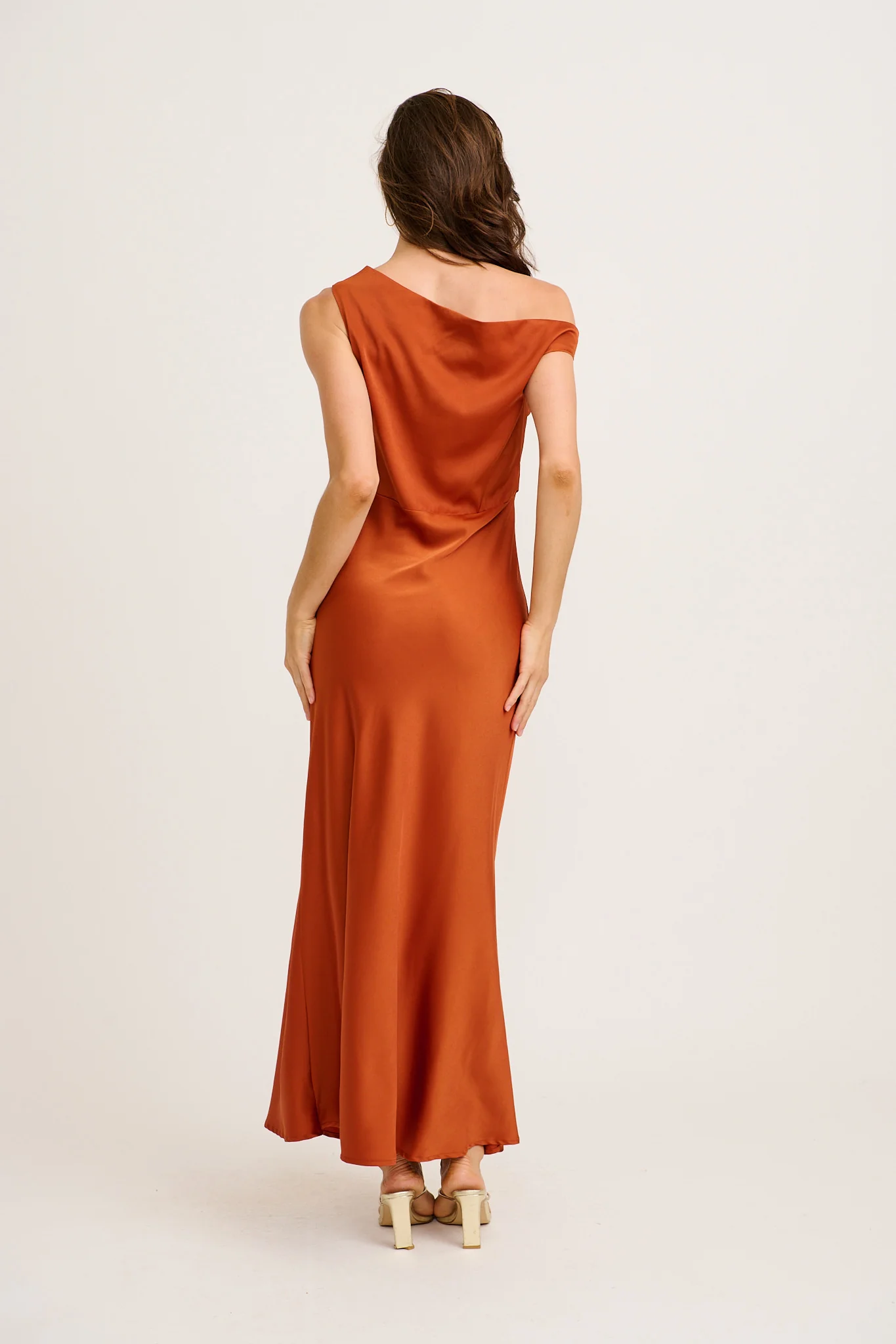Rosé Nights Off Shoulder Maxi Dress in Rust Satin - Image 5