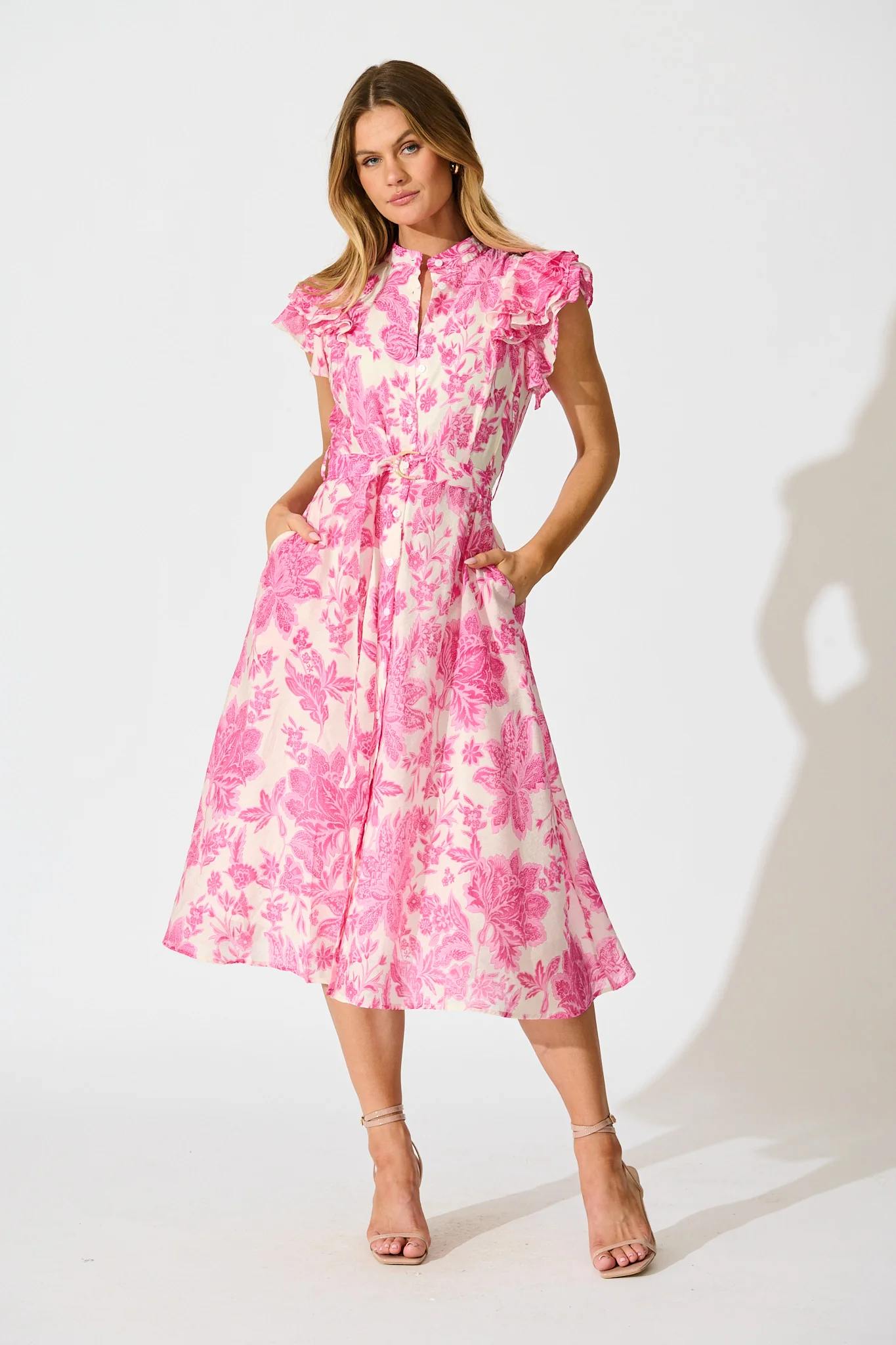 Roseabelle Midi Dress in Pink Leaf Print - Image 3