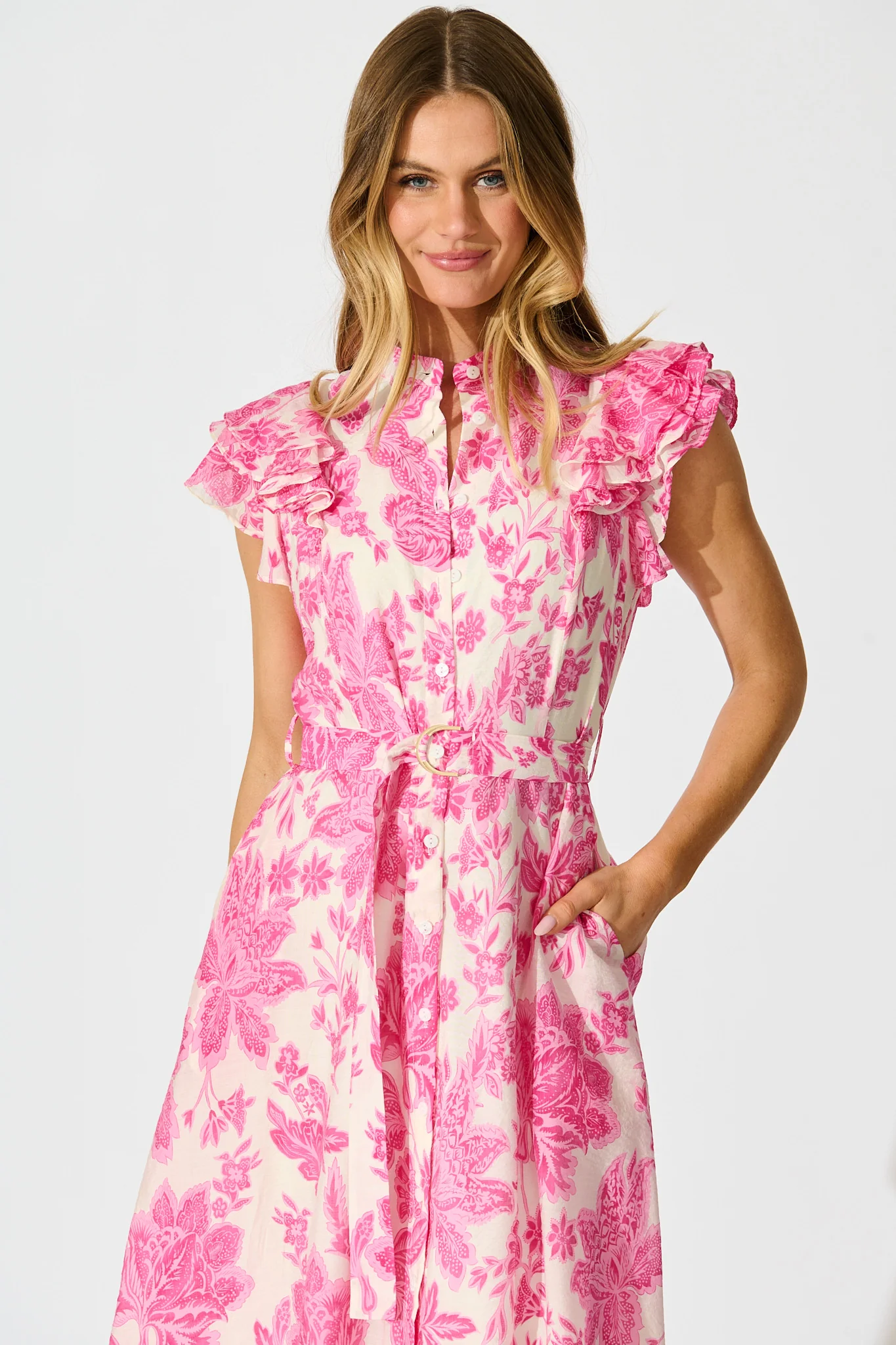 Roseabelle Midi Dress in Pink Leaf Print - Image 6