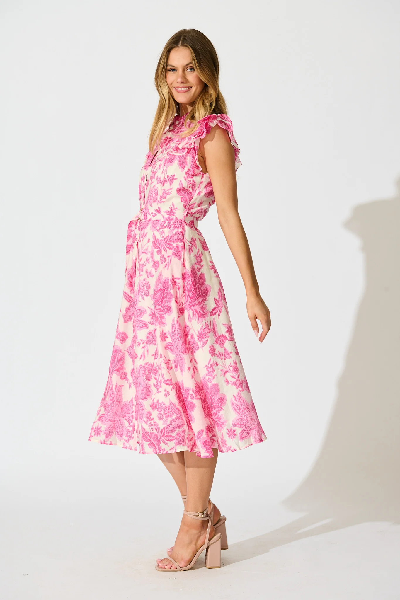 Roseabelle Midi Dress in Pink Leaf Print - Image 7