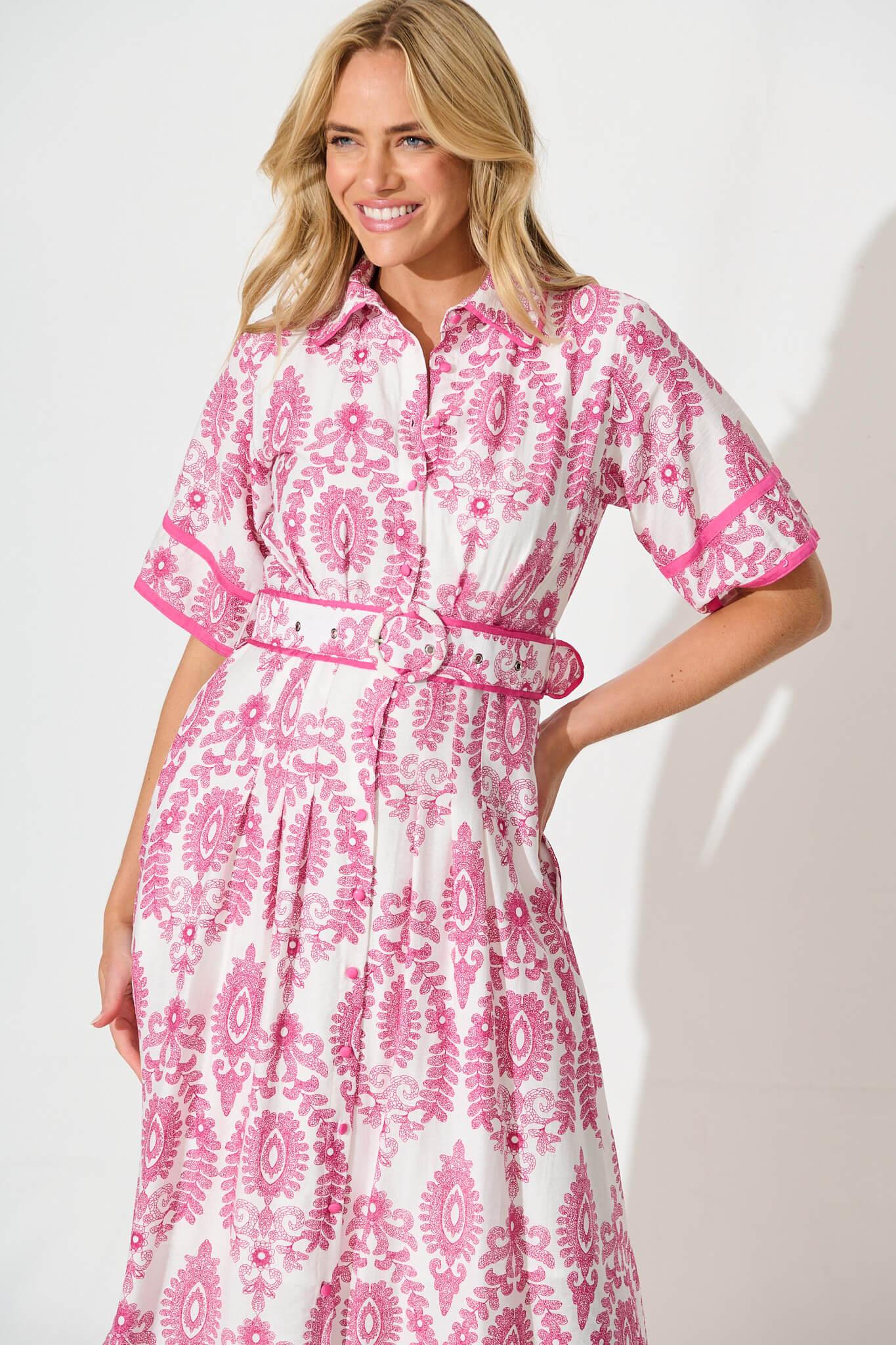 Rosella Midi Shirt Dress in White with Pink Floral Print - Image 2