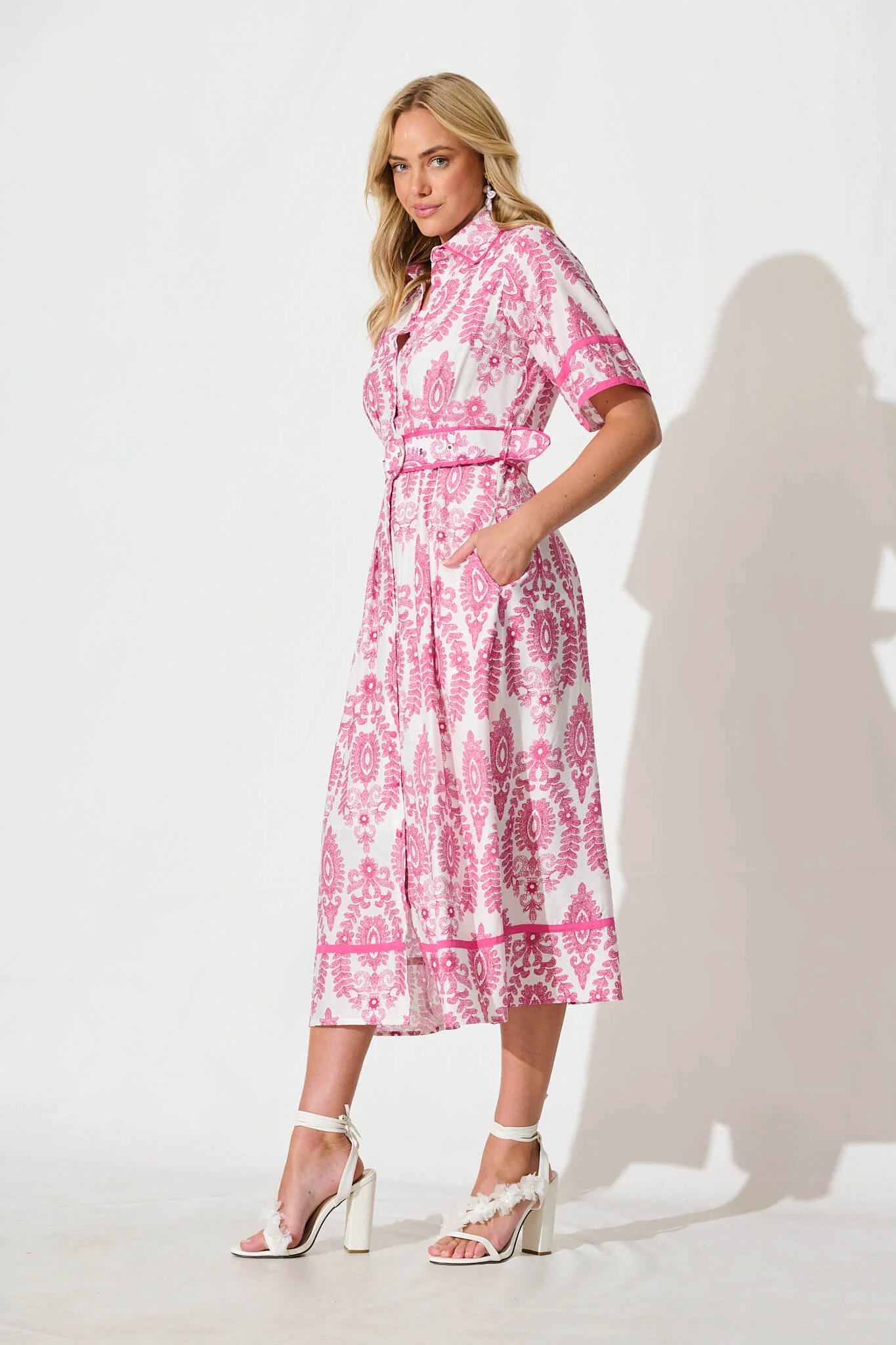 Rosella Midi Shirt Dress in White with Pink Floral Print - Image 3