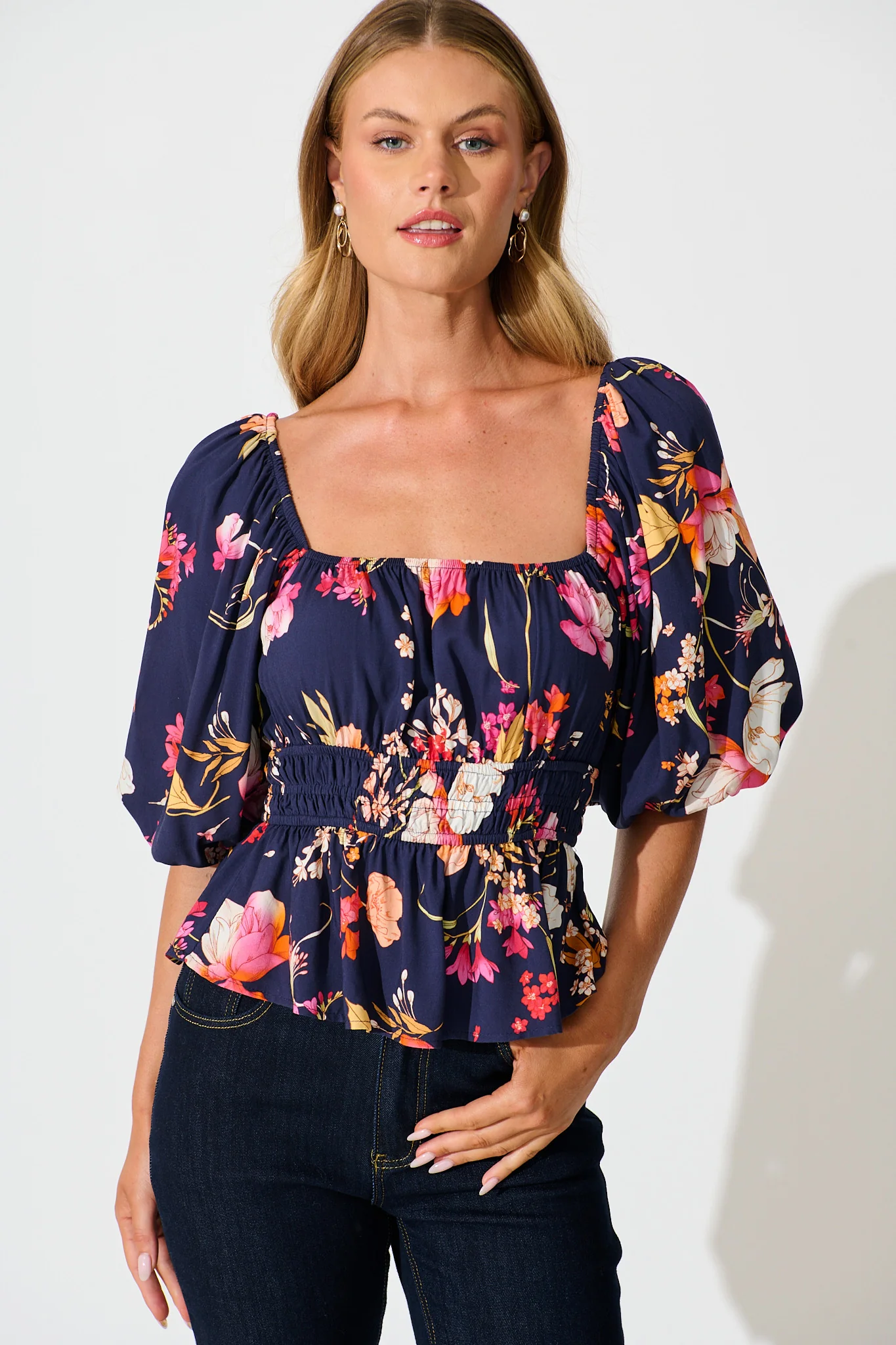Rosella Top In Navy with Multi Floral - Image 2