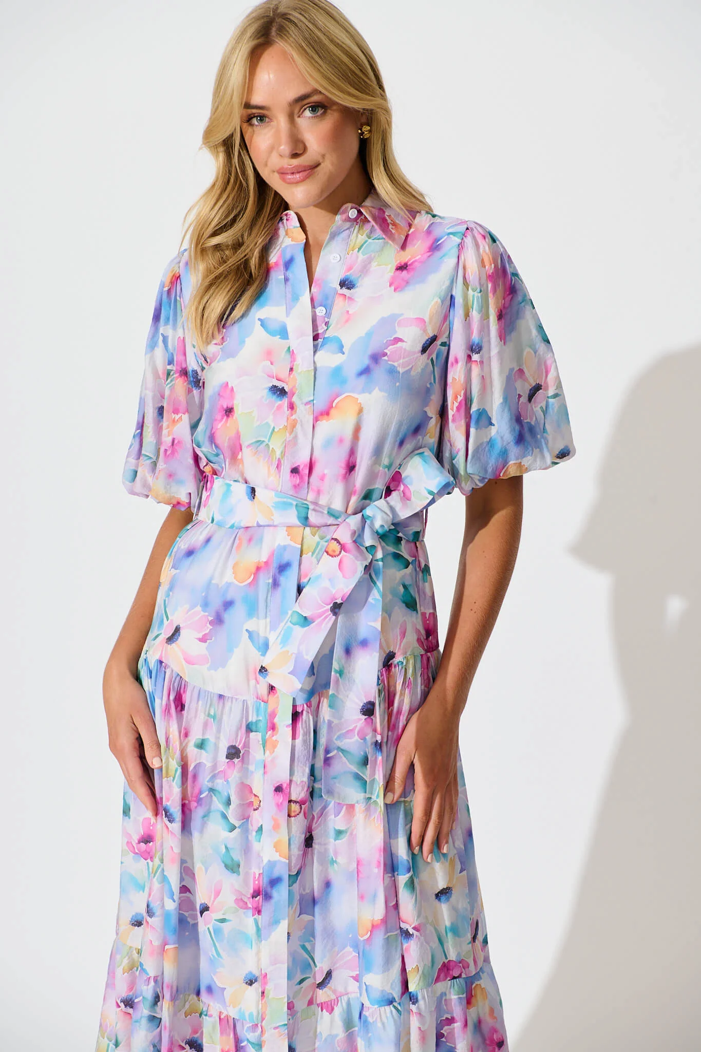 Rosina Maxi Shirt Dress in Pastel Watercolour Floral - Image 2