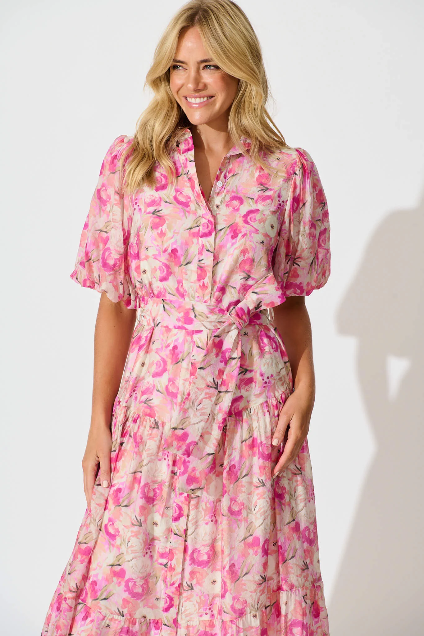 Rosina Maxi Shirt Dress in Pink Multi Floral - Image 2