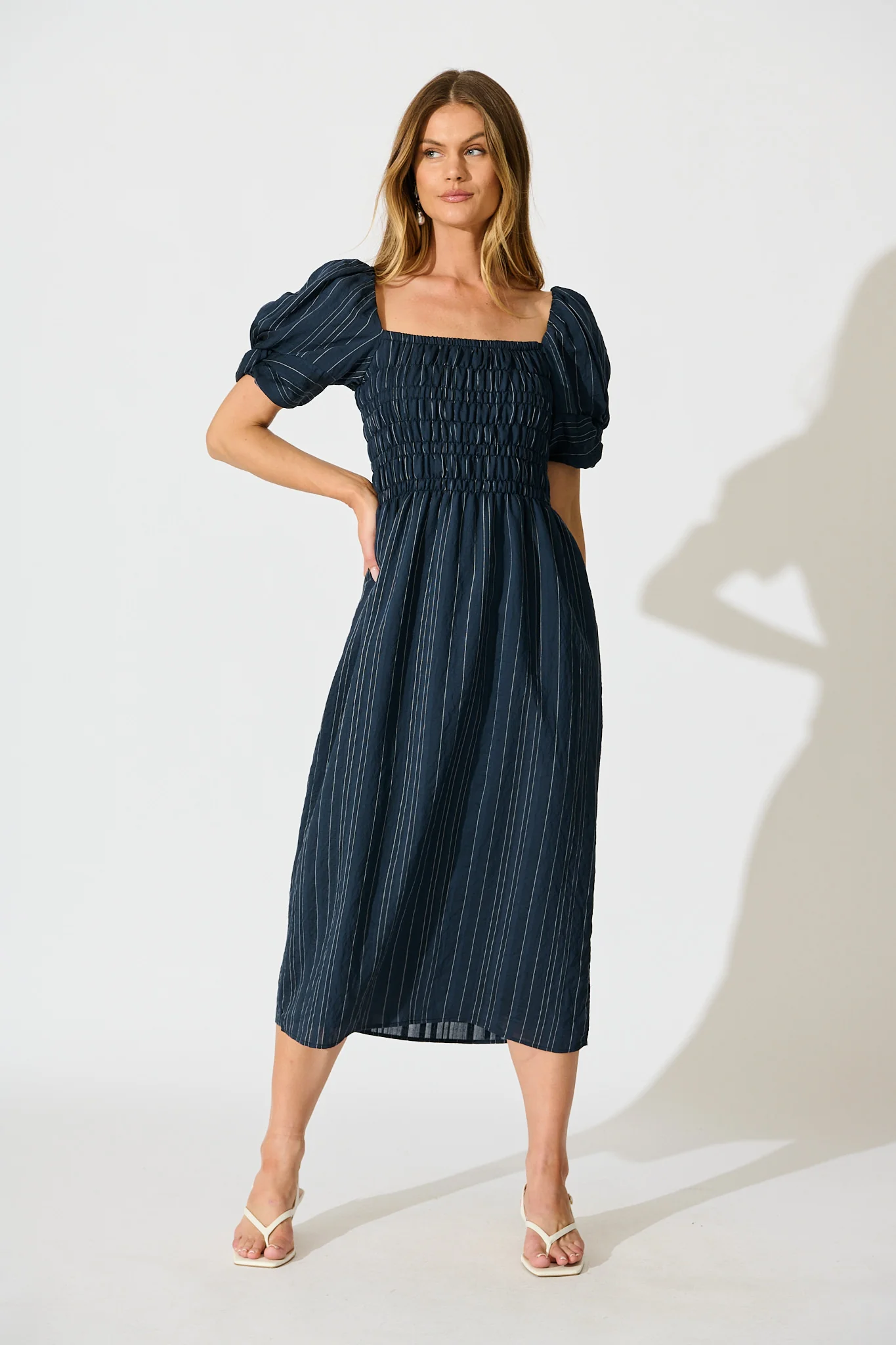 Rouse Midi Dress in Navy with White Stripe Cotton Blend - Image 3