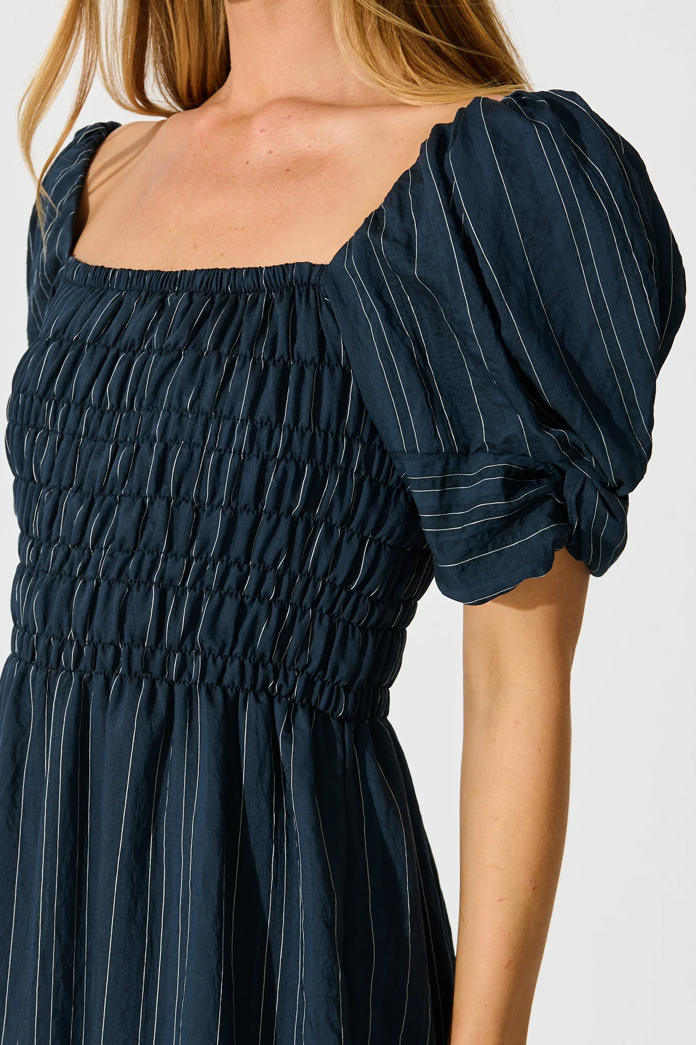 Rouse Midi Dress in Navy with White Stripe Cotton Blend - Image 7