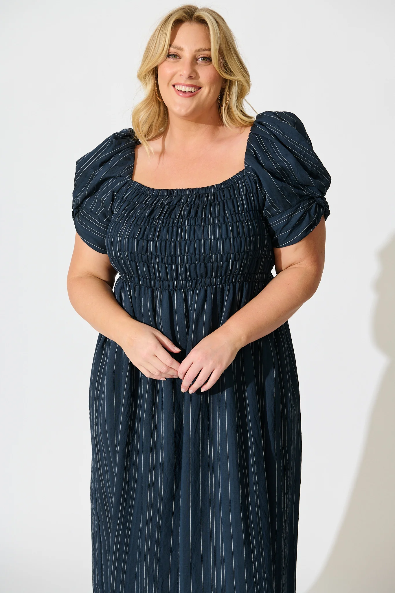 Rouse Midi Dress in Navy with White Stripe Cotton Blend - Image 8