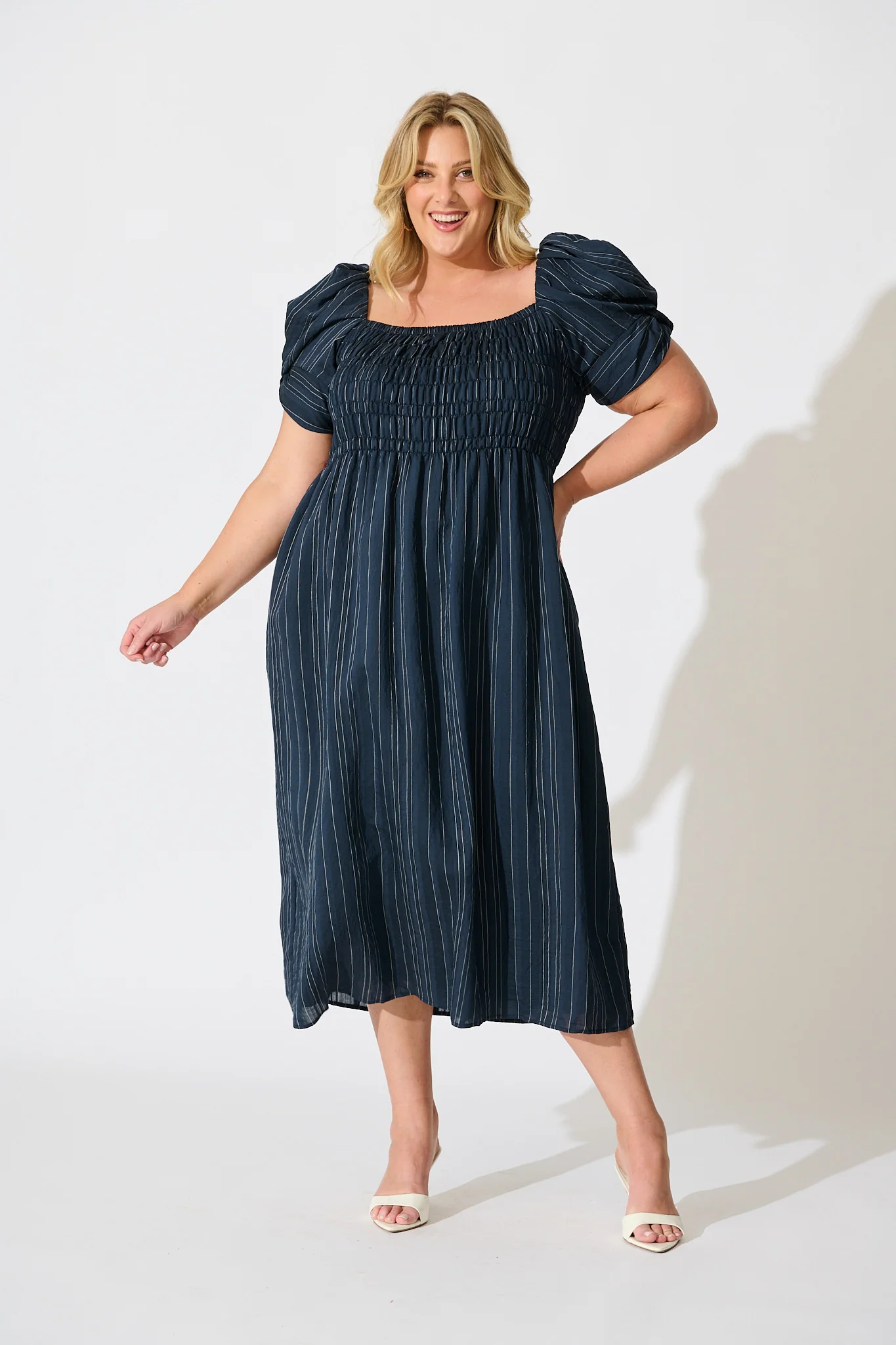 Rouse Midi Dress in Navy with White Stripe Cotton Blend - Image 9