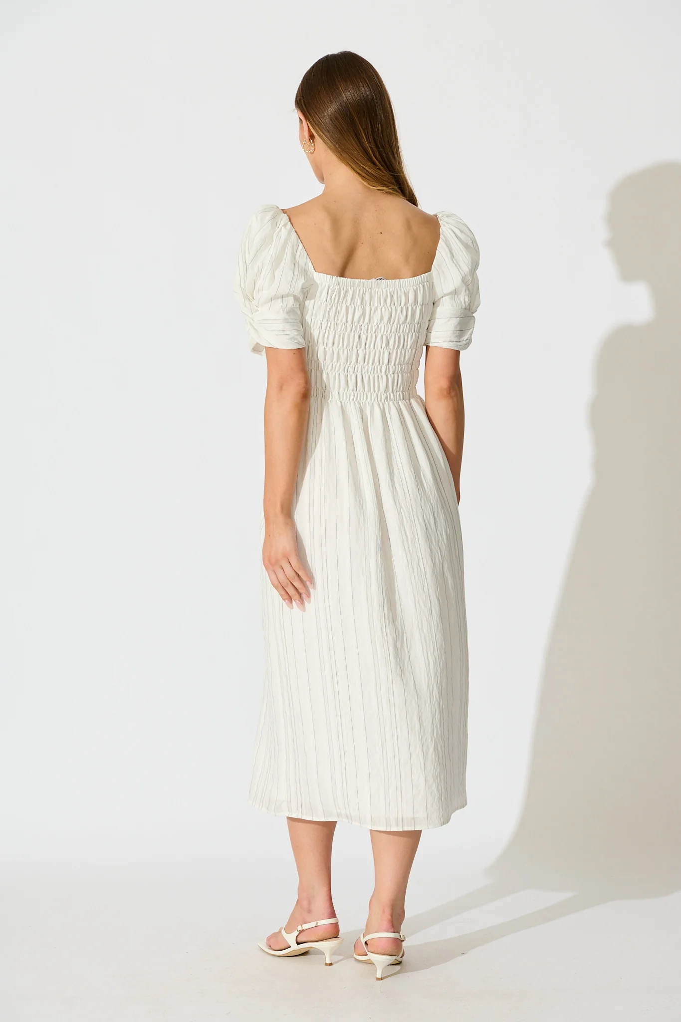 Rouse Midi Dress  in White with Black Stripe Cotton Blend - Image 4