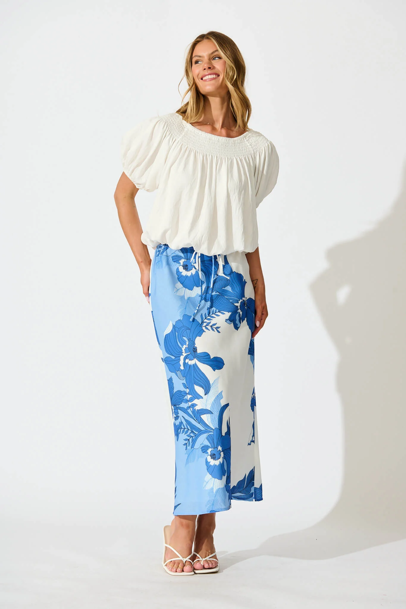 Rubina Maxi Skirt In Blue and White Floral Linen Blend - Image 7