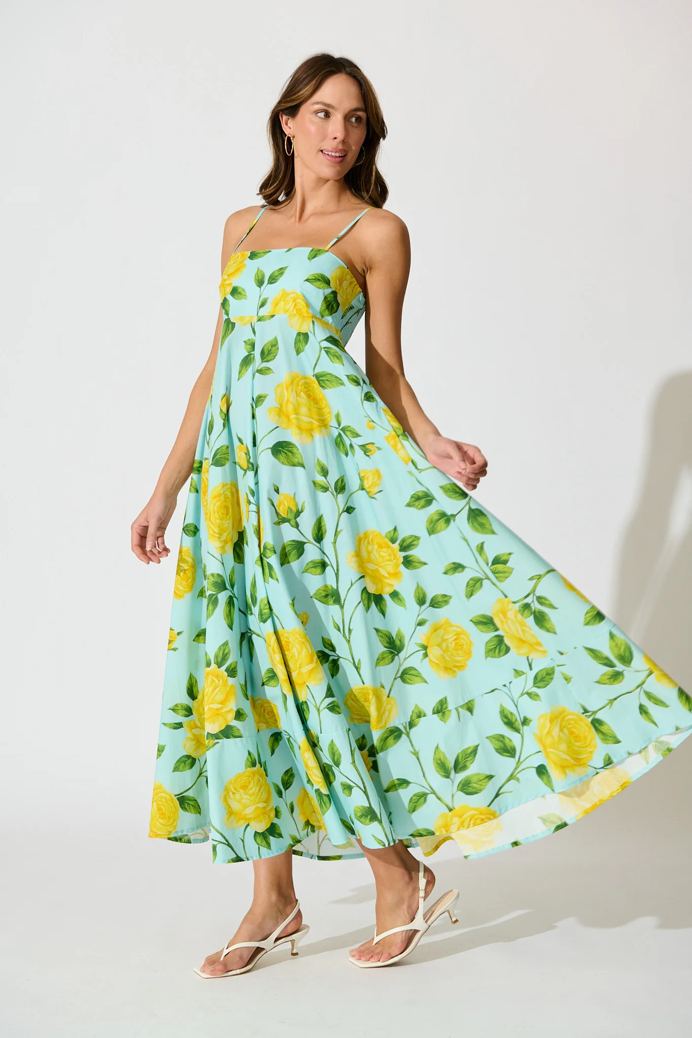 Ruthie Maxi Sundress in Blue with Lemon Yellow Floral Cotton - Image 3