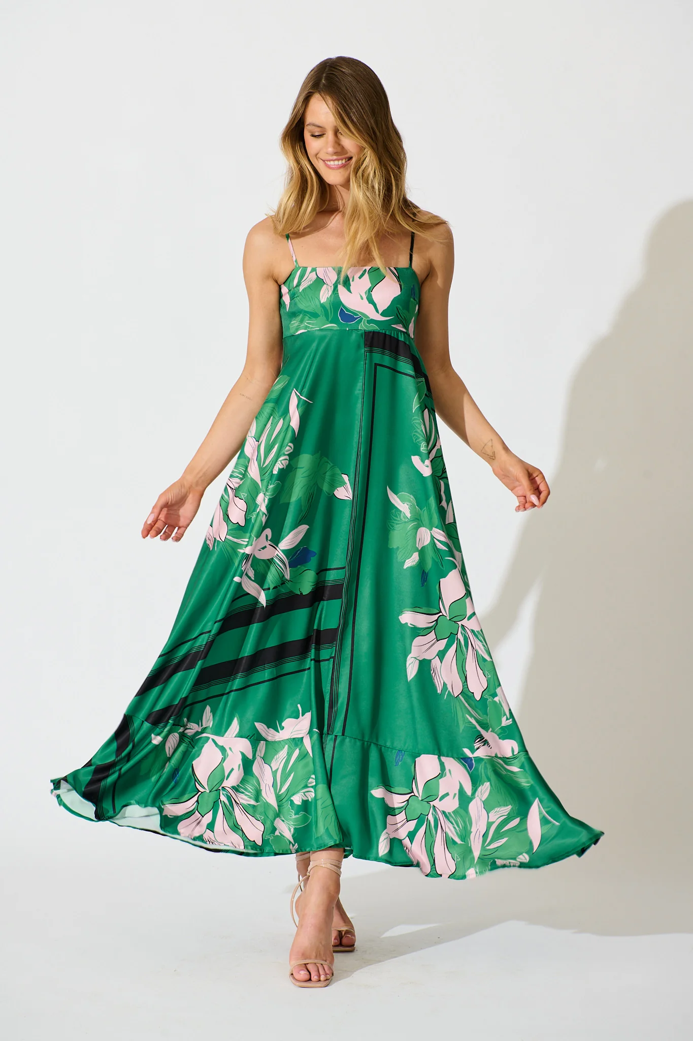 Ruthie Maxi Sundress in Emerald Print Satin - Image 3
