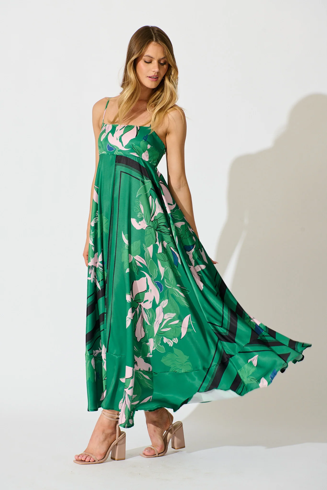 Ruthie Maxi Sundress in Emerald Print Satin - Image 6