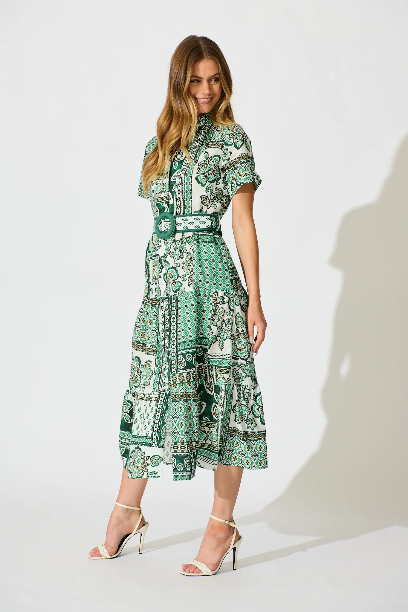 Sable Maxi Shirt Dress in Green with White Patchwork Cotton - Image 3