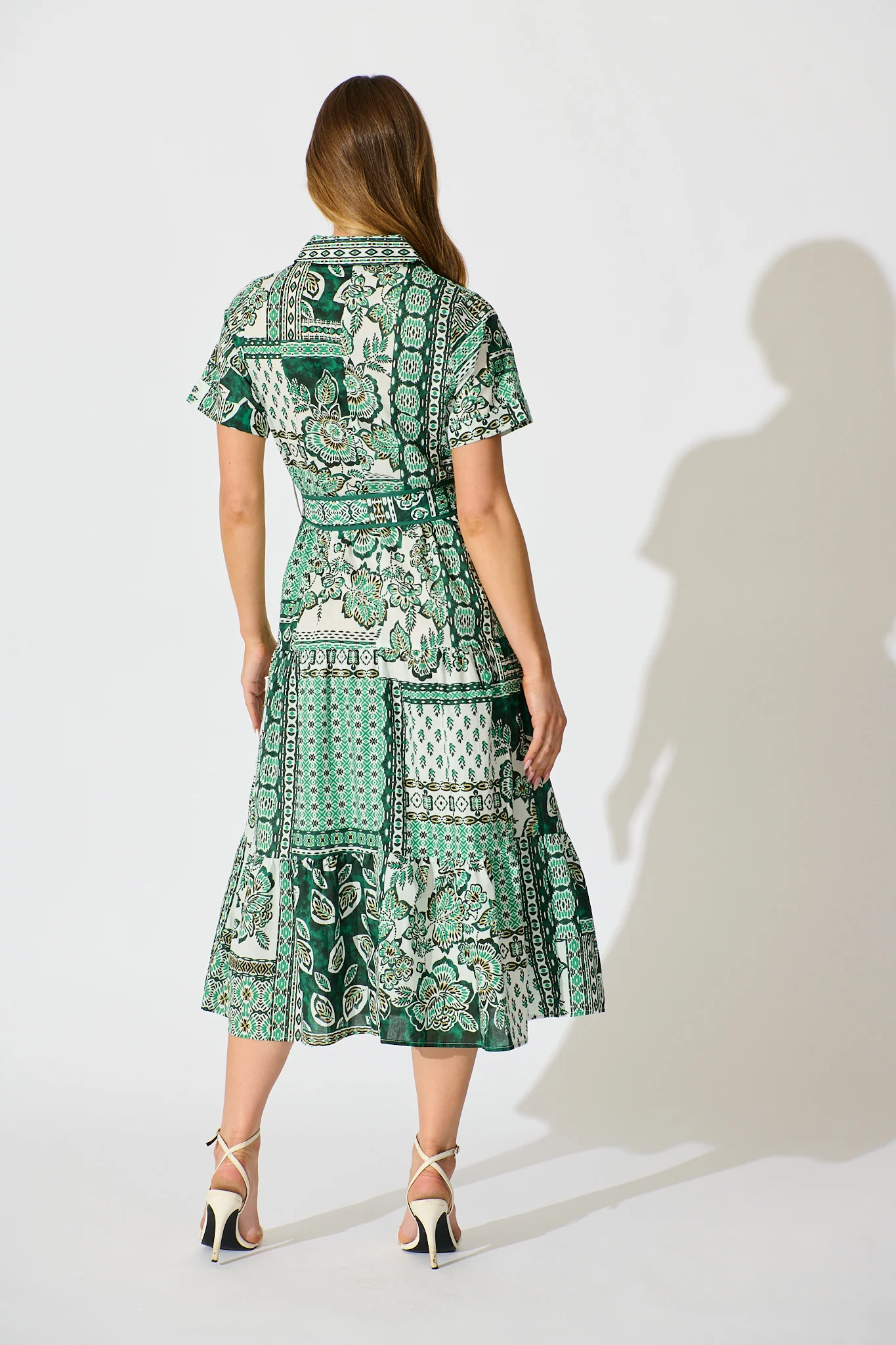 Sable Maxi Shirt Dress in Green with White Patchwork Cotton - Image 4