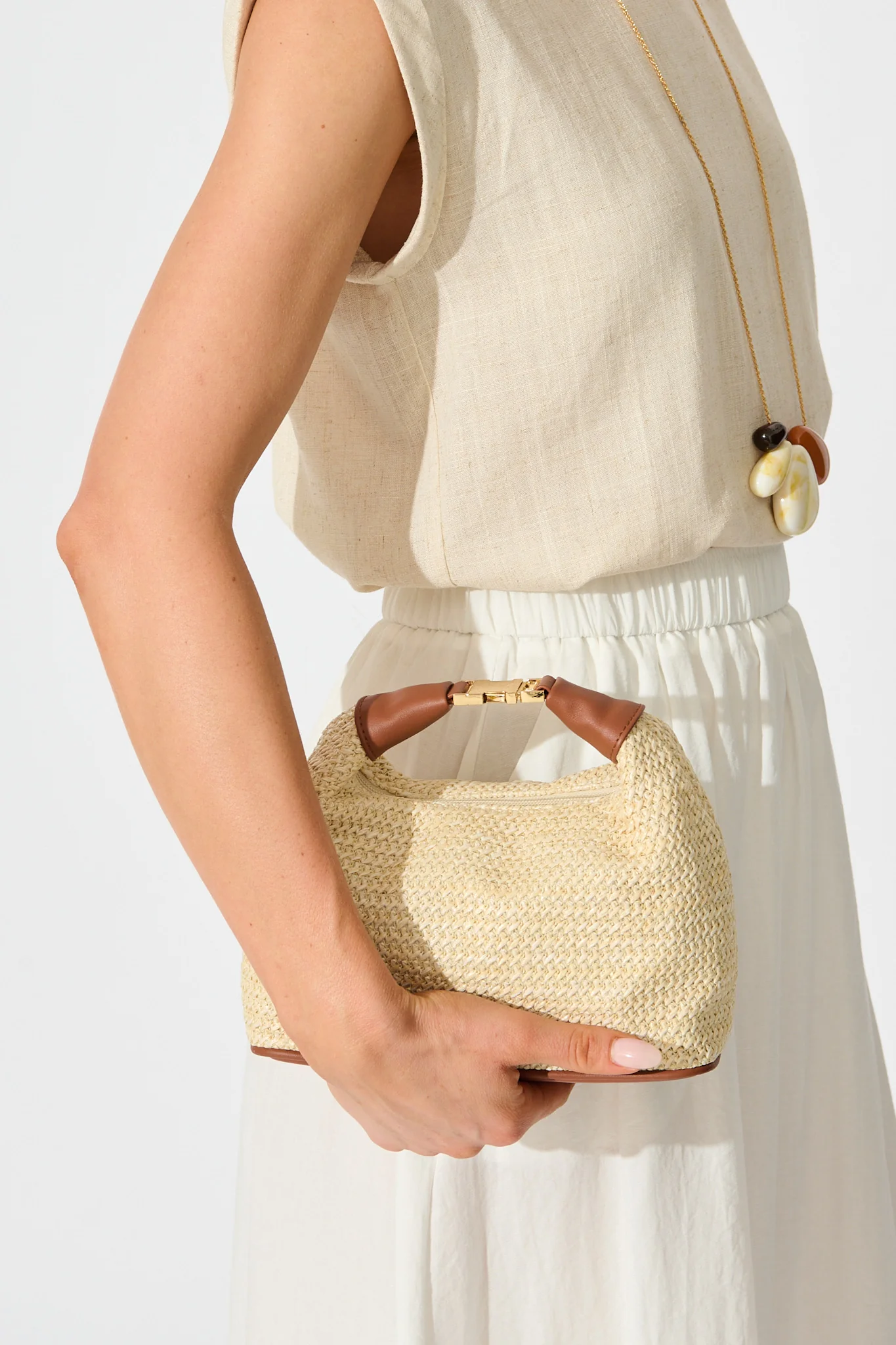 Sabrina Raffia Handle Bag in Natural and Tan Trim - Image 5