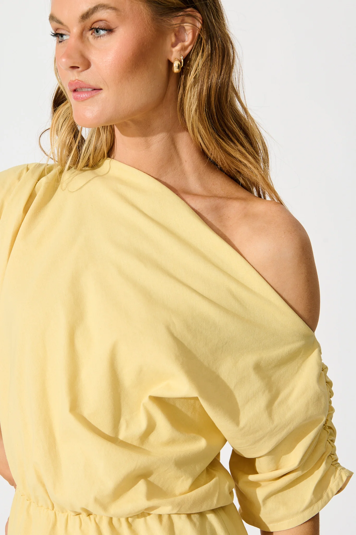 Saffron Sky Maxi Off Shoulder Dress in Butter Yellow Cotton - Image 5
