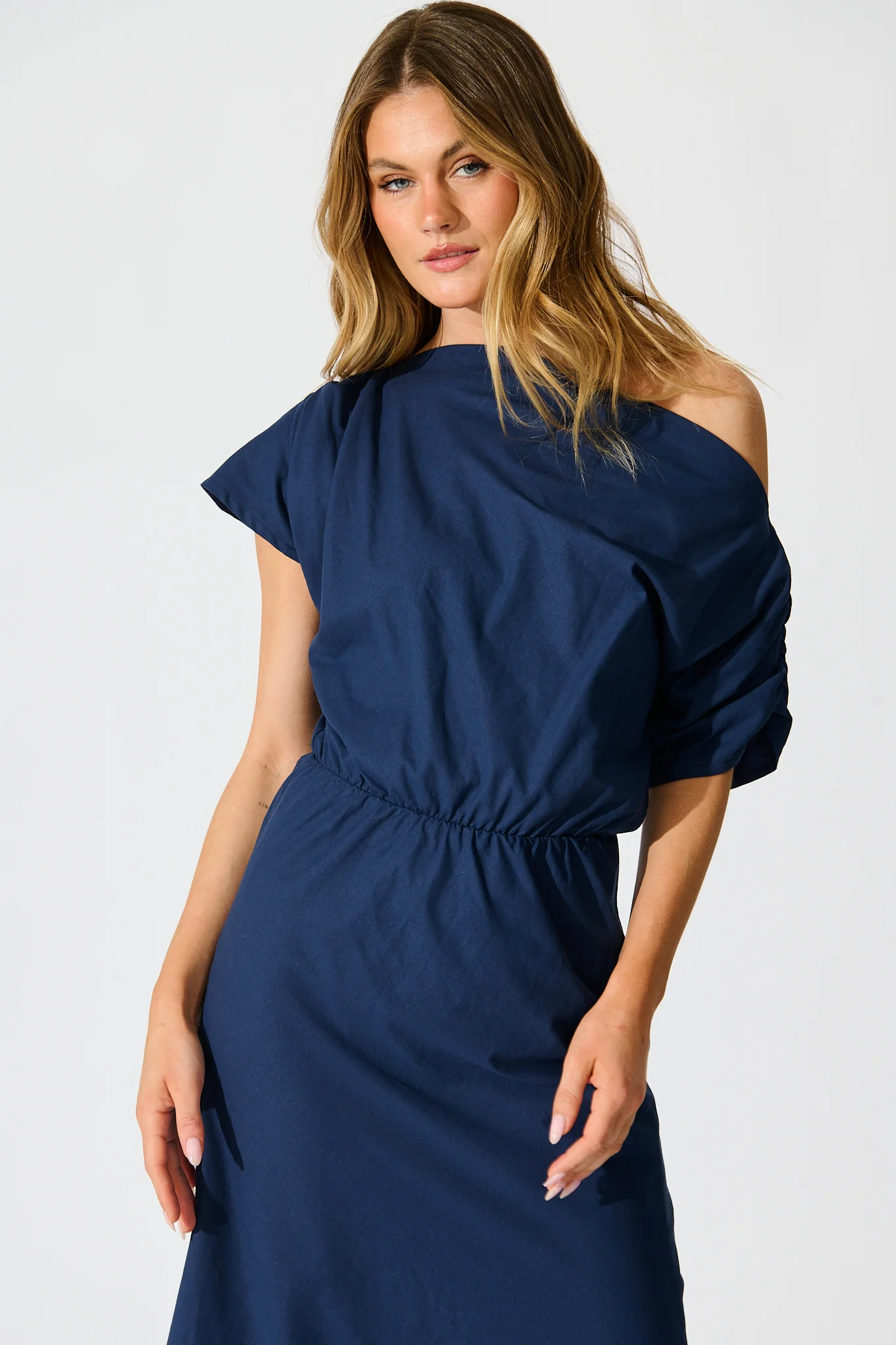 Saffron Sky Maxi Off Shoulder Dress in Navy Cotton - Image 2