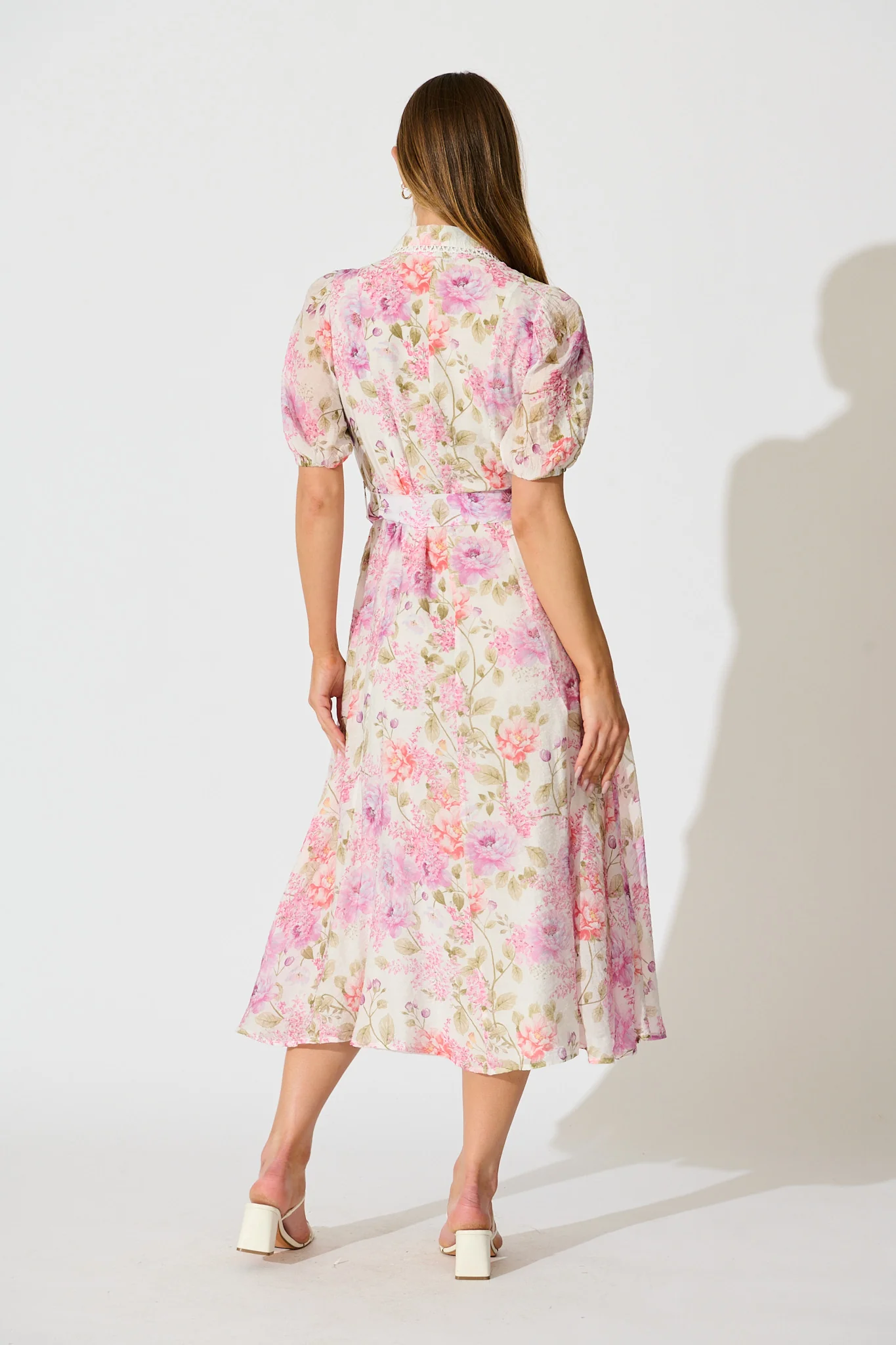 Safiya Maxi Shirt Dress in White with Pink Floral - Image 4