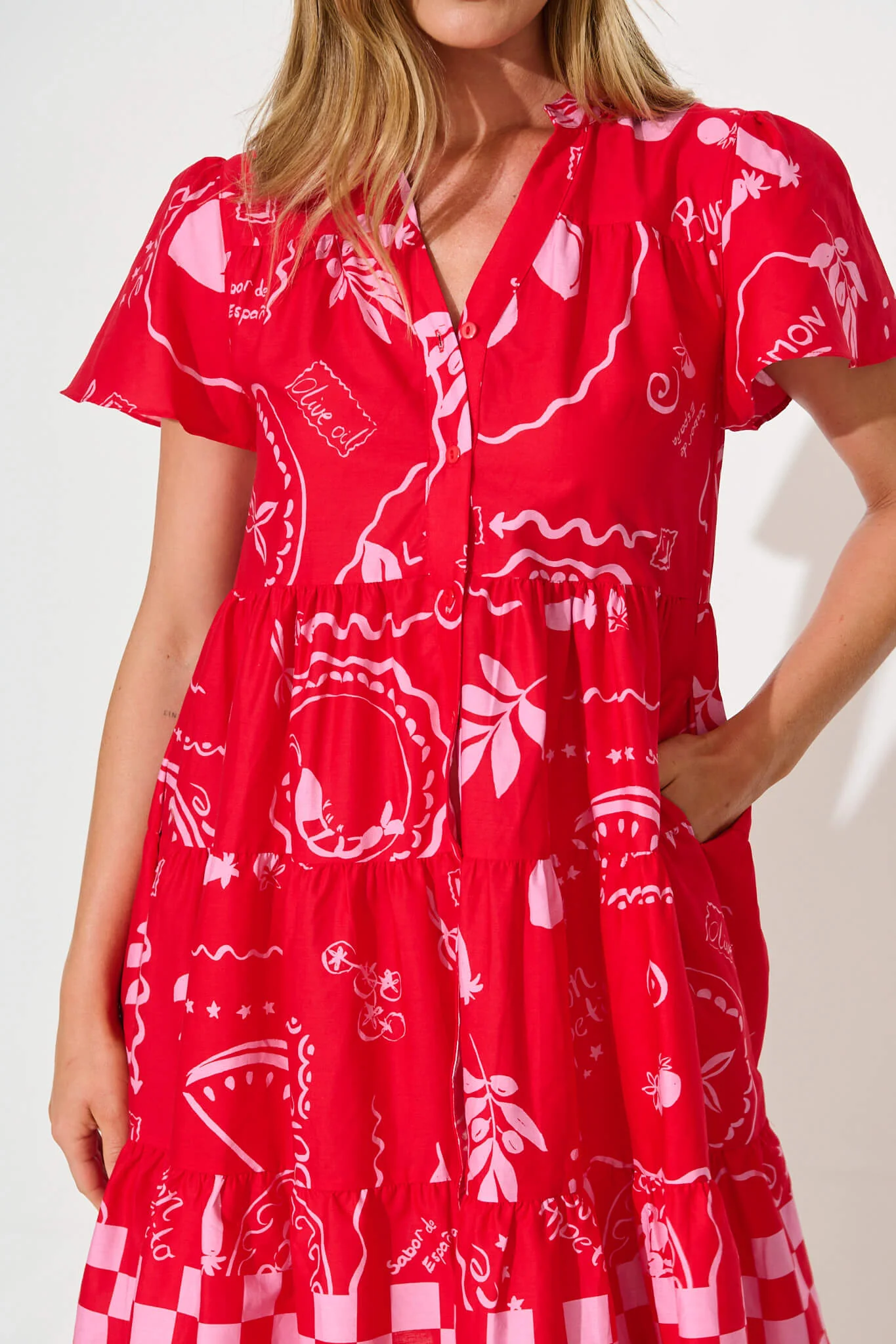 Saldana Smock in Red with Pink Border Print Cotton - Image 5