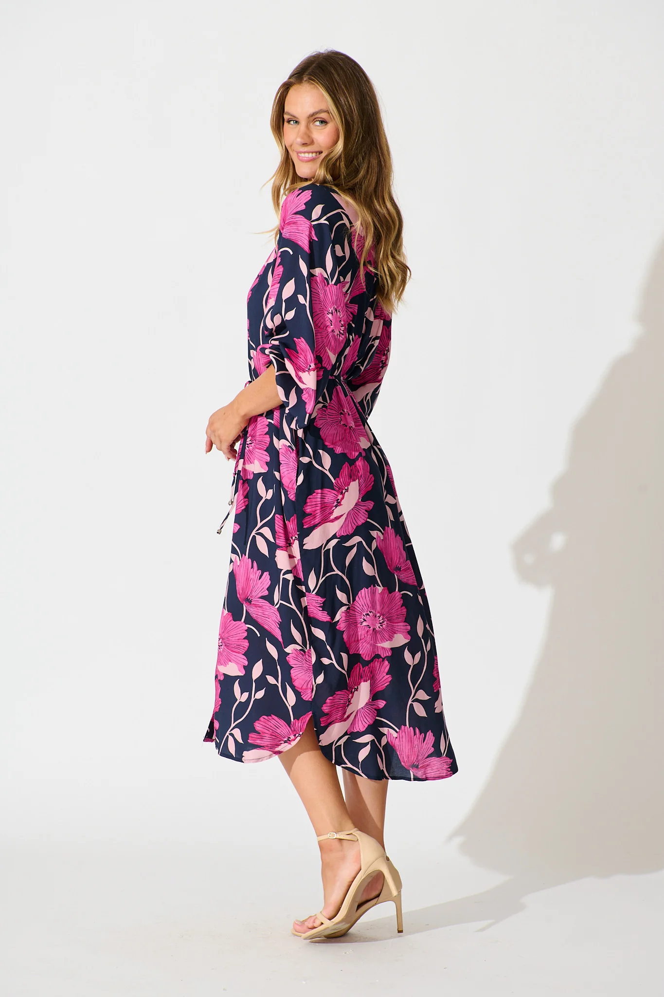 Sally Midi Shirt Dress In Navy with Pink Floral - Image 3