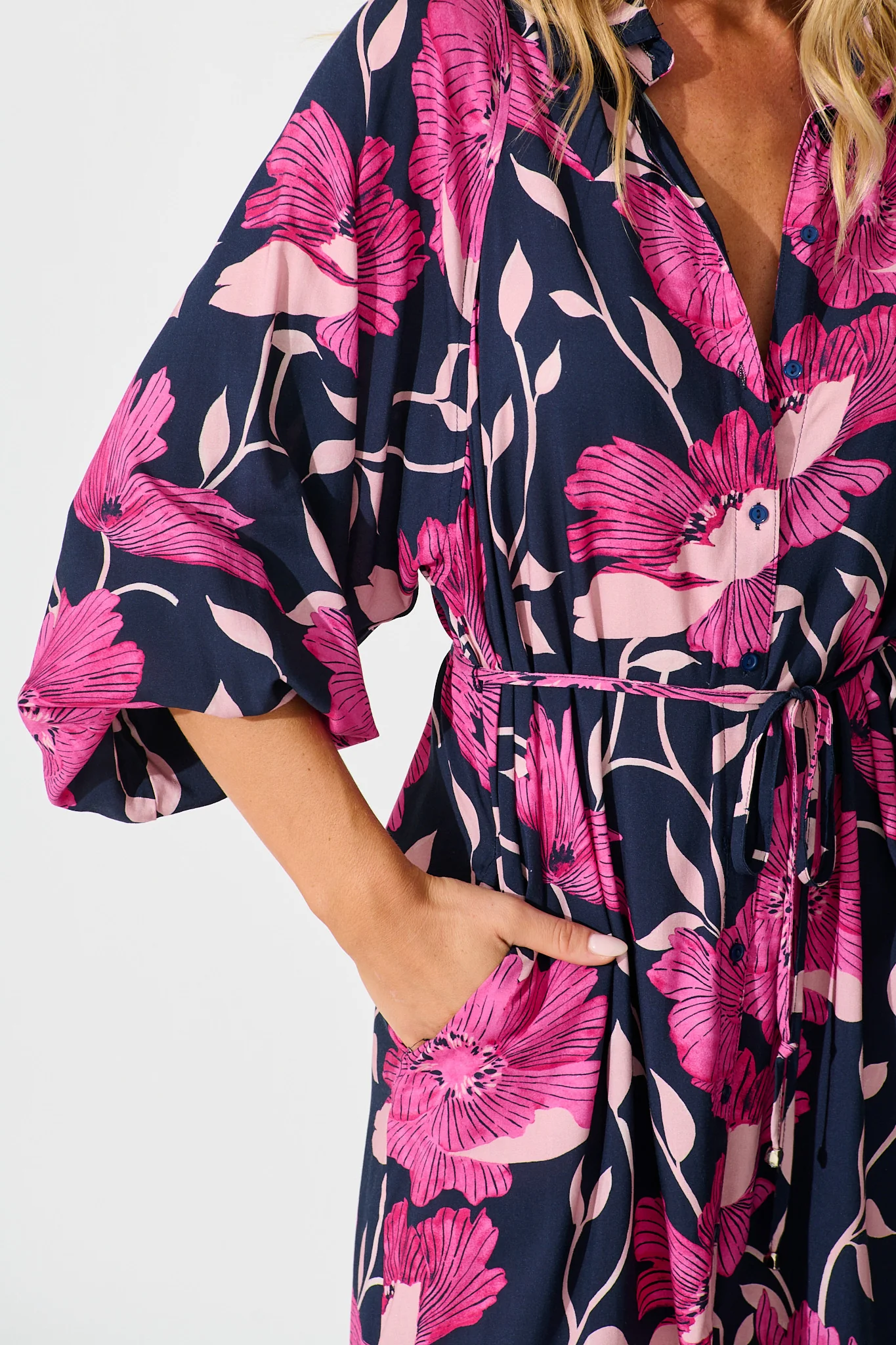 Sally Midi Shirt Dress In Navy with Pink Floral - Image 5