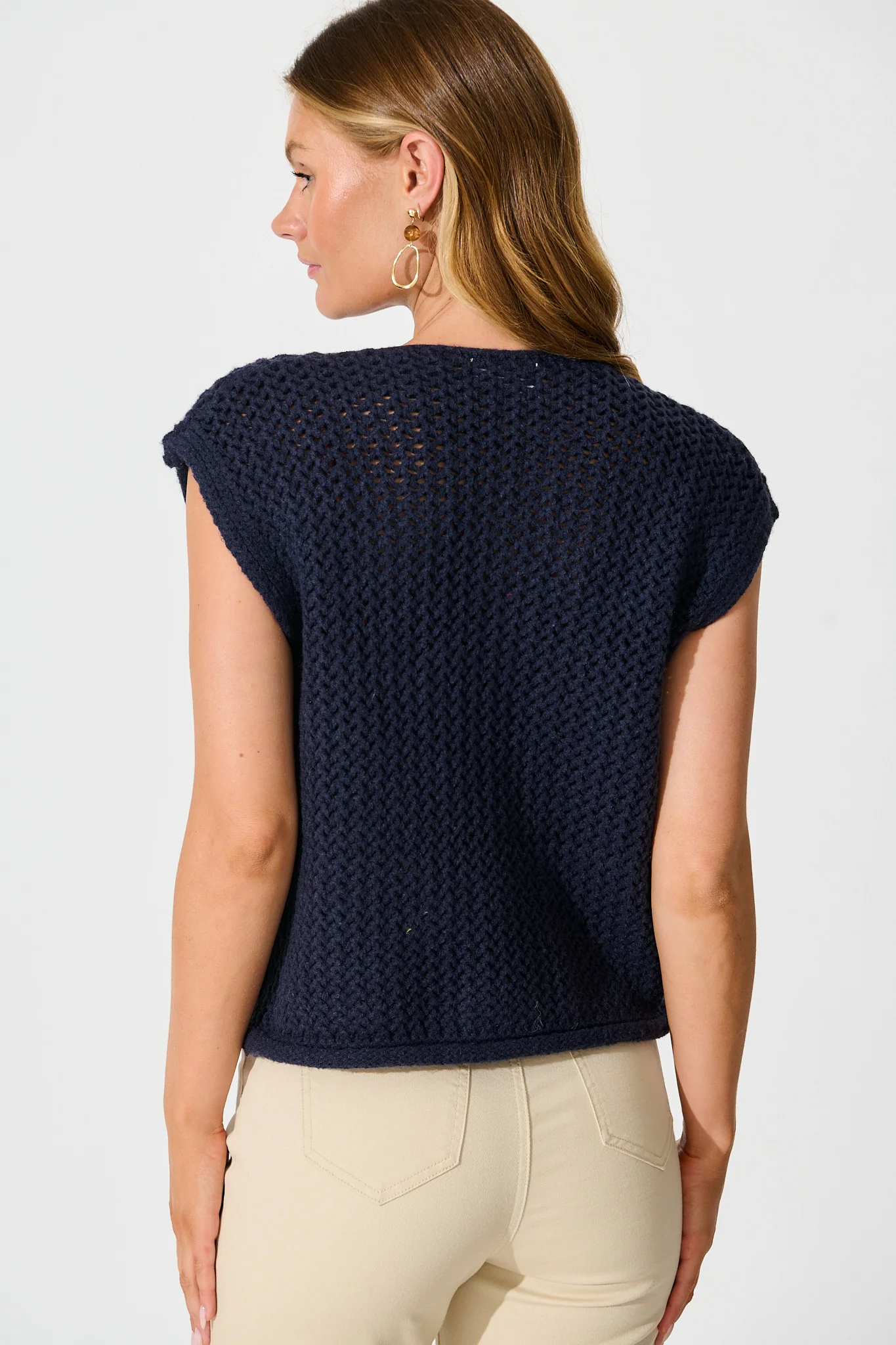 Samarah Knit Vest Top in Navy with Gold Buttons Wool Blend - Image 3
