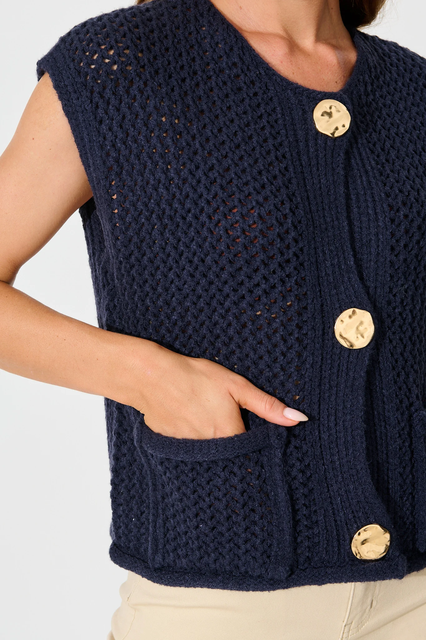 Samarah Knit Vest Top in Navy with Gold Buttons Wool Blend - Image 5