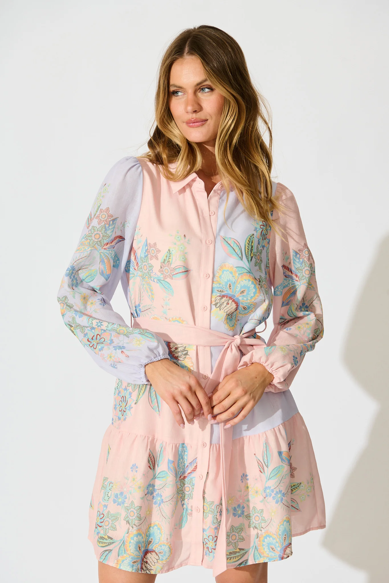Sammie Shirt Dress in Pink and Lilac Floral Linen Blend - Image 2