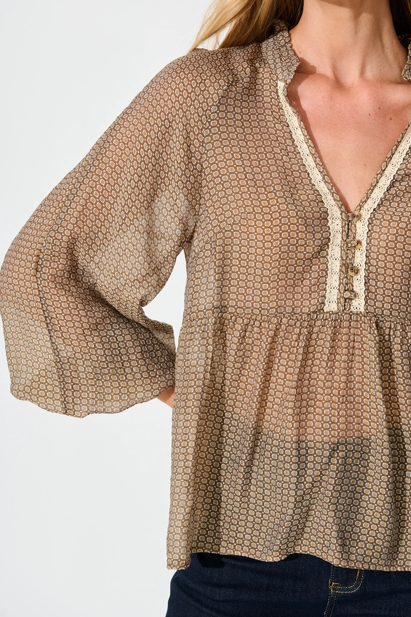 Santiago Smock Top in Brown Tile Print - Image 5