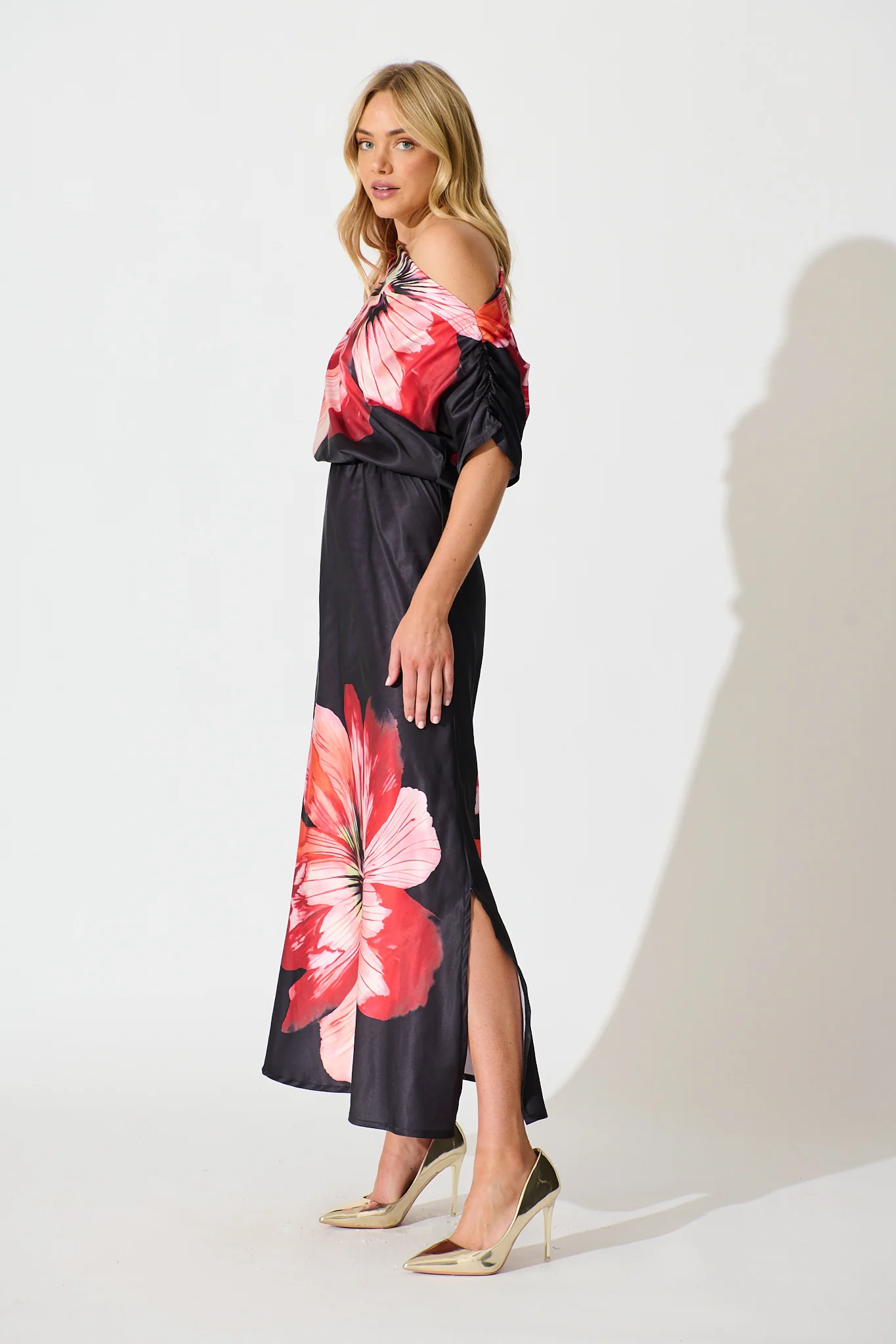 Sarita Maxi Off Shoulder Dress in Black and Red Flower Satin - Image 3