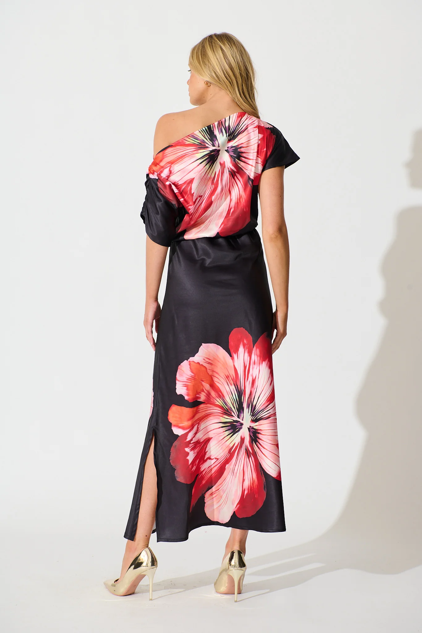 Sarita Maxi Off Shoulder Dress in Black and Red Flower Satin - Image 4