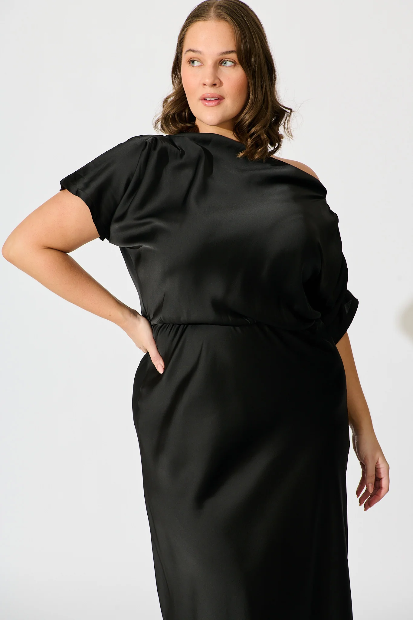 Sarita Maxi Off Shoulder Dress in Black Satin - Image 11