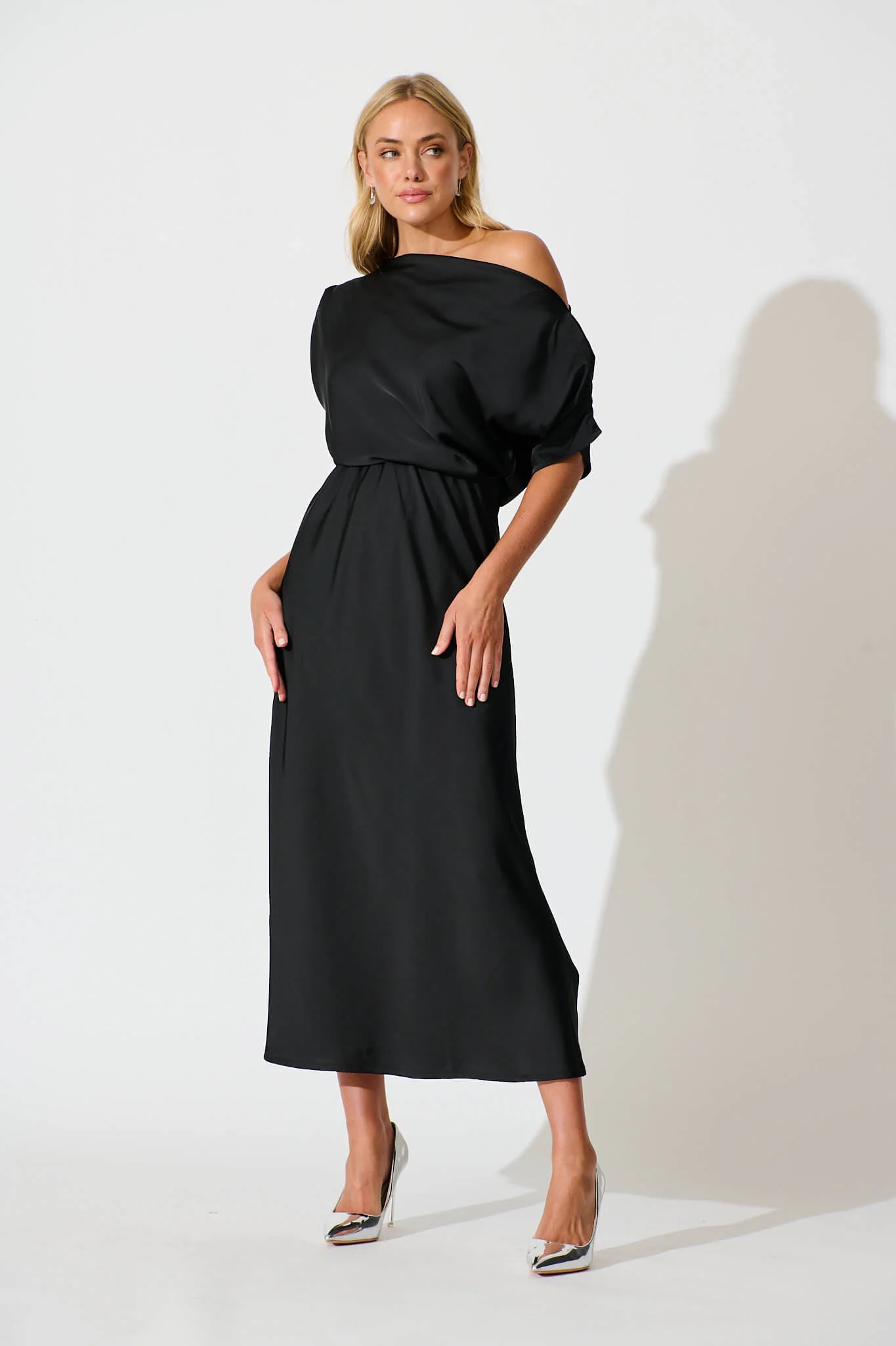 Sarita Maxi Off Shoulder Dress in Black Satin - Image 3