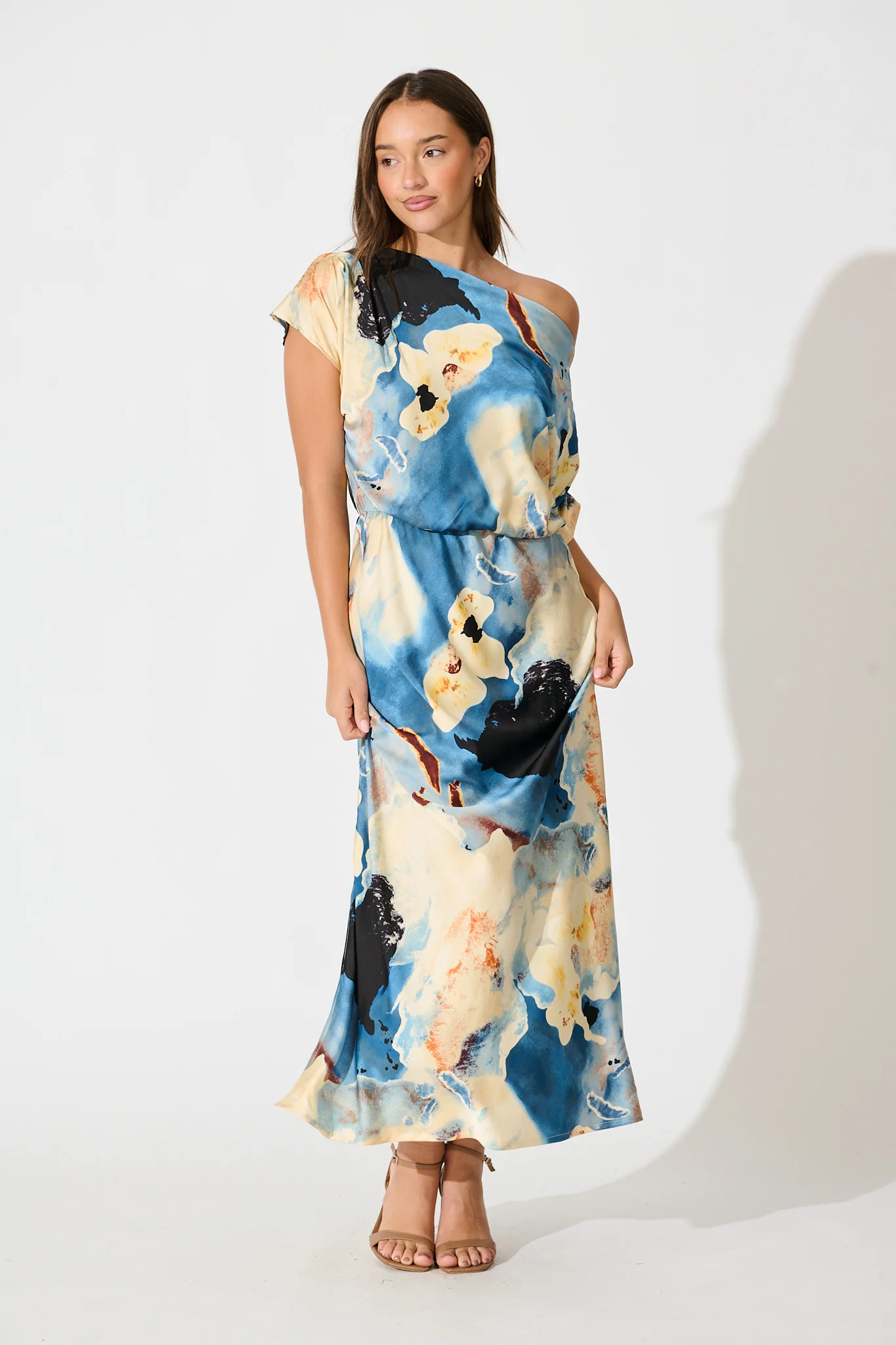 Sarita Maxi Off Shoulder Dress in Blue Watercolour Satin - Image 3