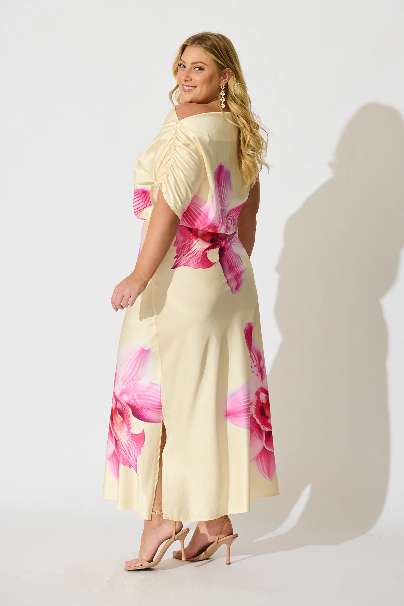 Sarita Maxi Off Shoulder Dress in Butter Yellow Floral Satin - Image 8