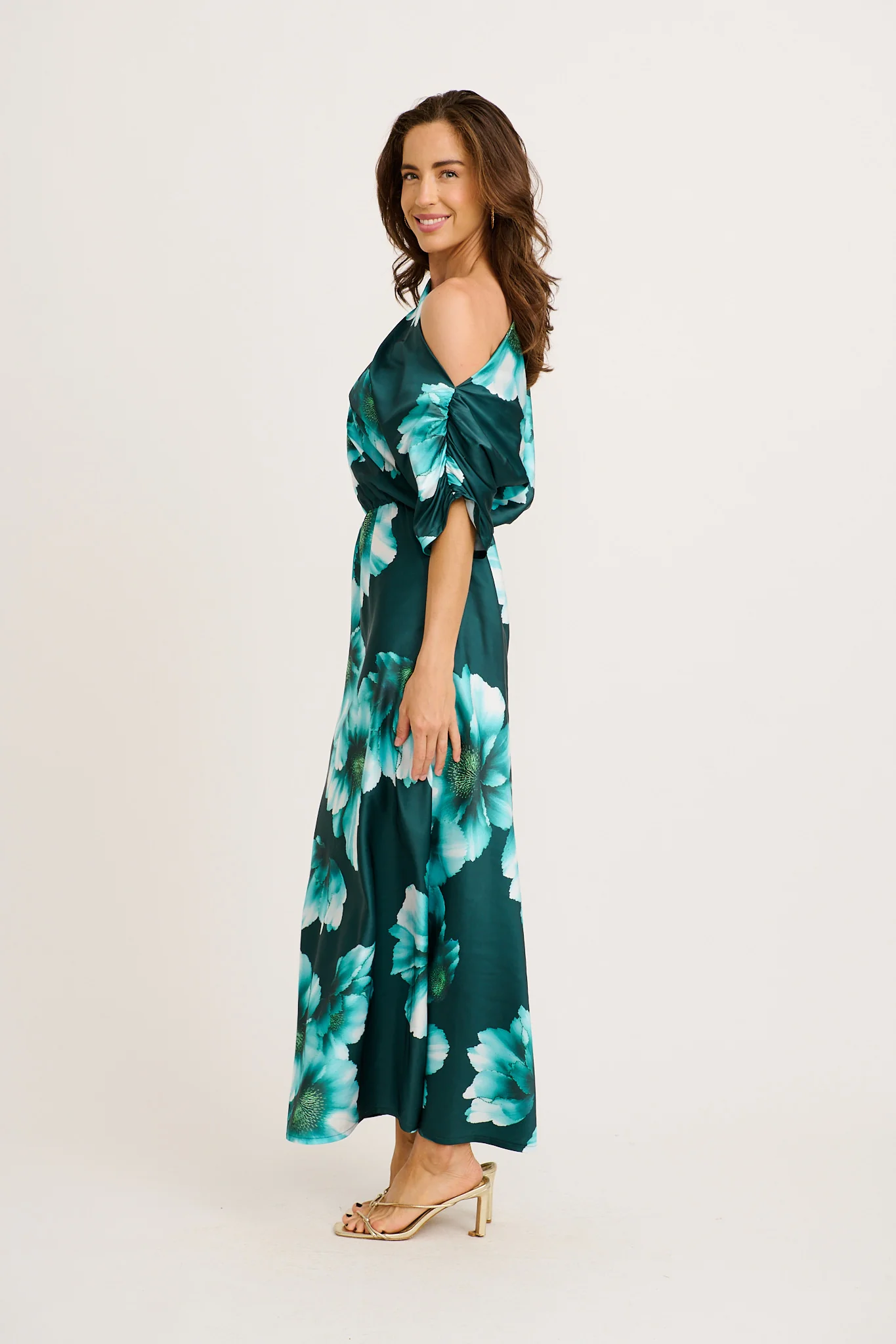 Sarita Maxi Off Shoulder Dress in Green with White Floral Satin - Image 4