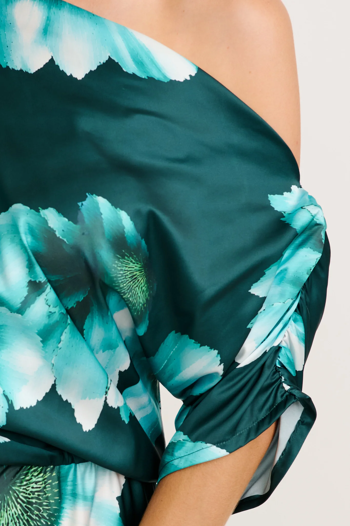 Sarita Maxi Off Shoulder Dress in Green with White Floral Satin - Image 6
