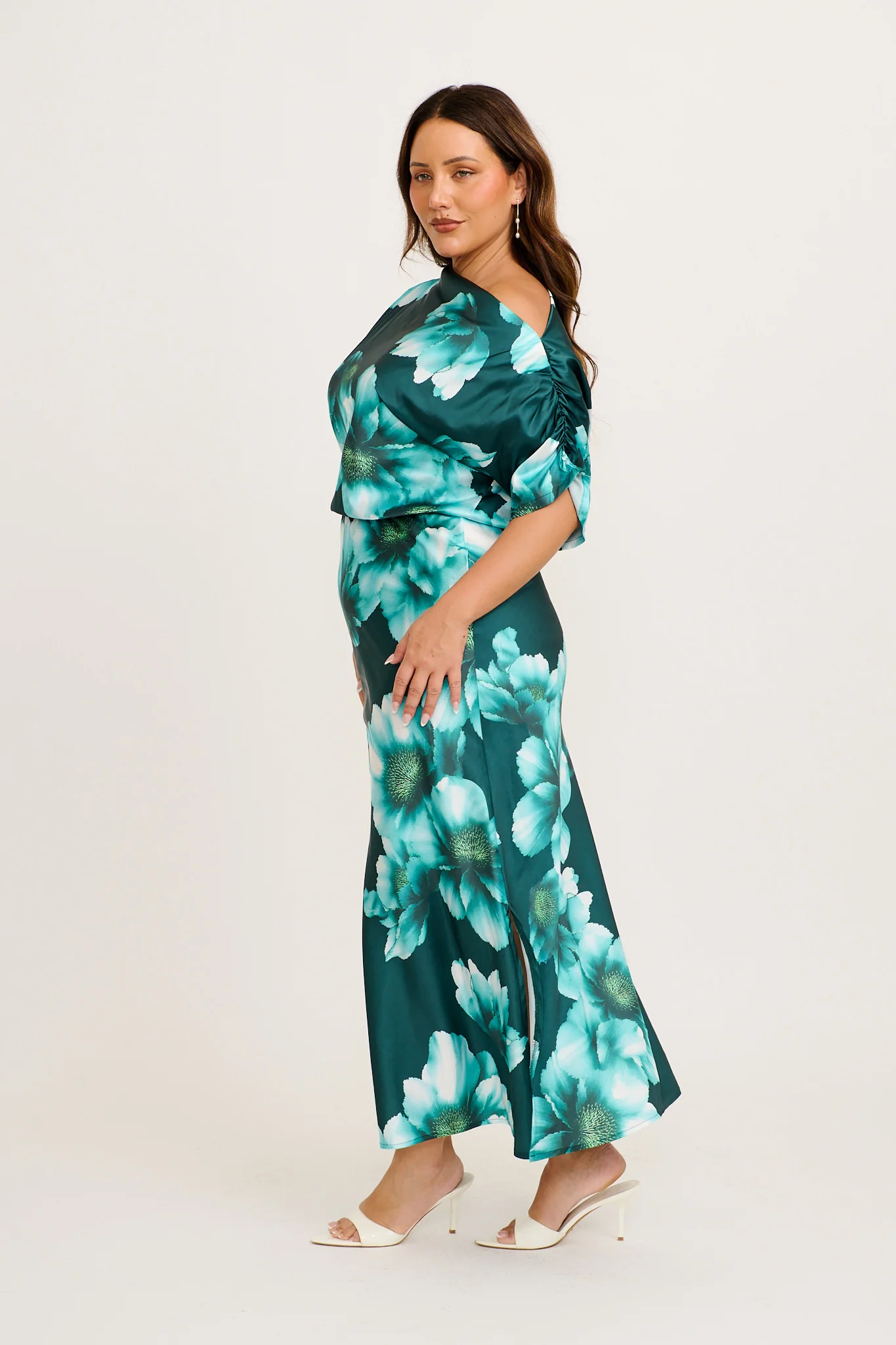 Sarita Maxi Off Shoulder Dress in Green with White Floral Satin - Image 8