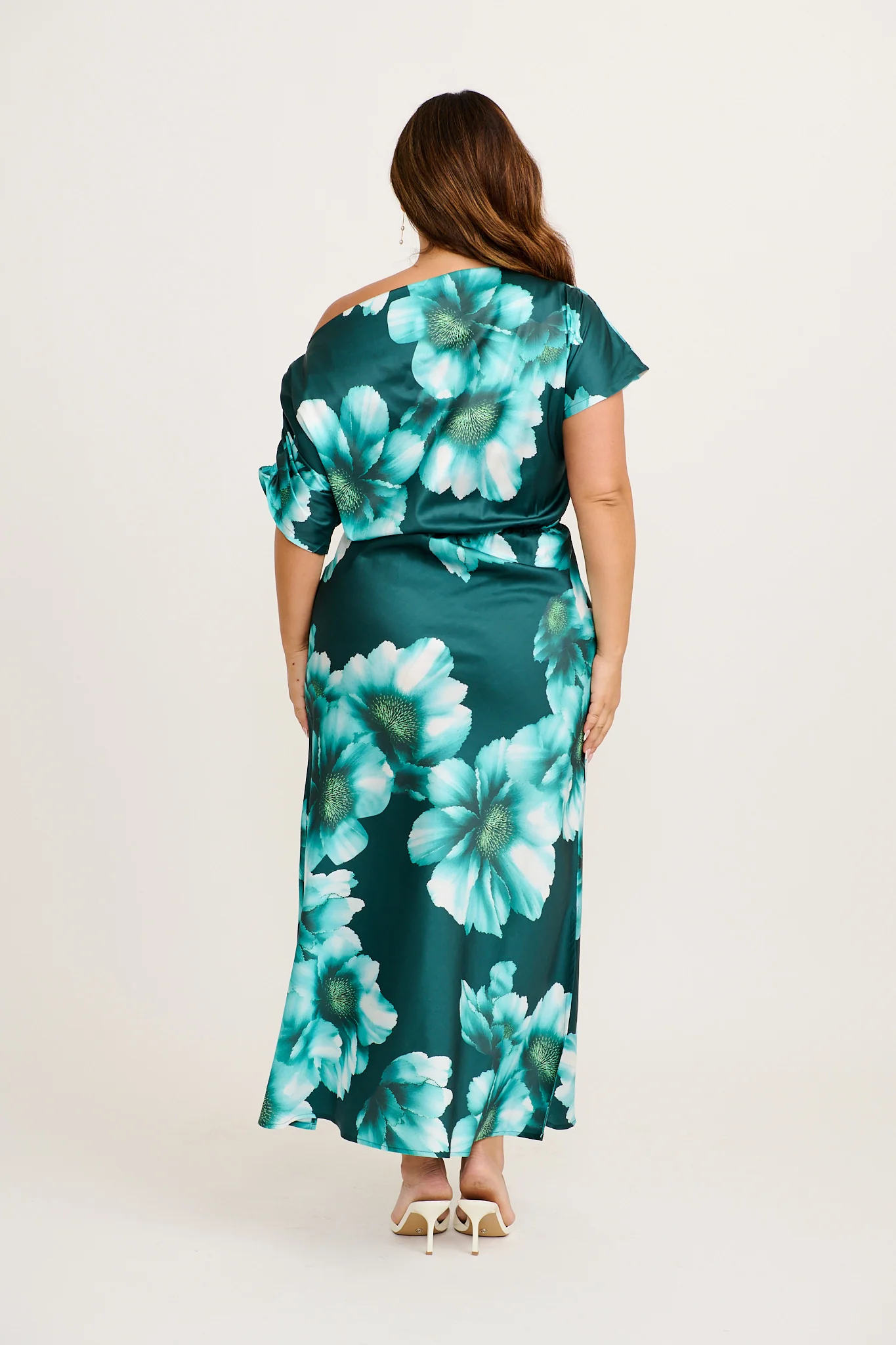 Sarita Maxi Off Shoulder Dress in Green with White Floral Satin - Image 9