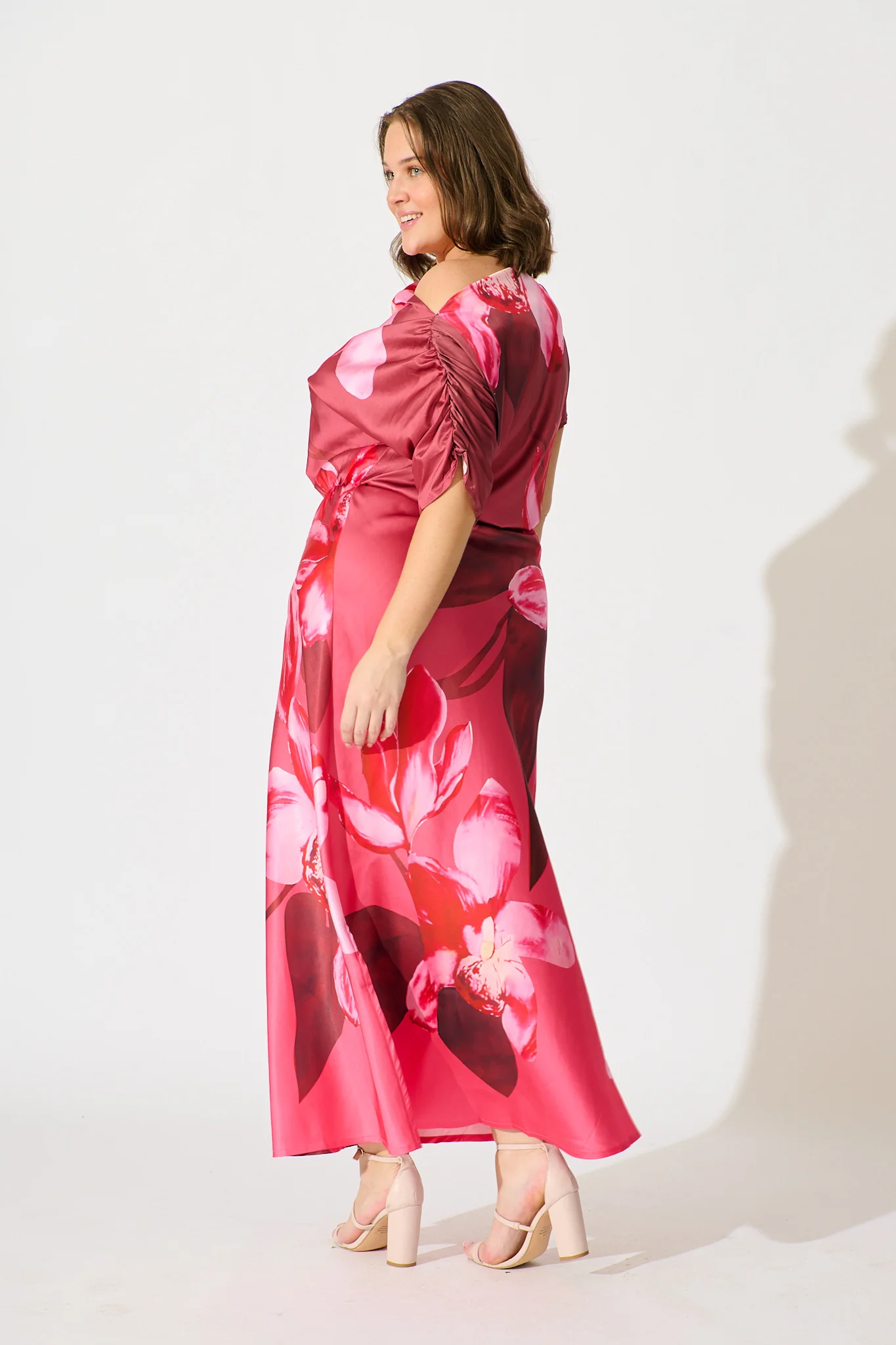 Sarita Maxi Off Shoulder Dress in Multi Pink Floral Satin - Image 10