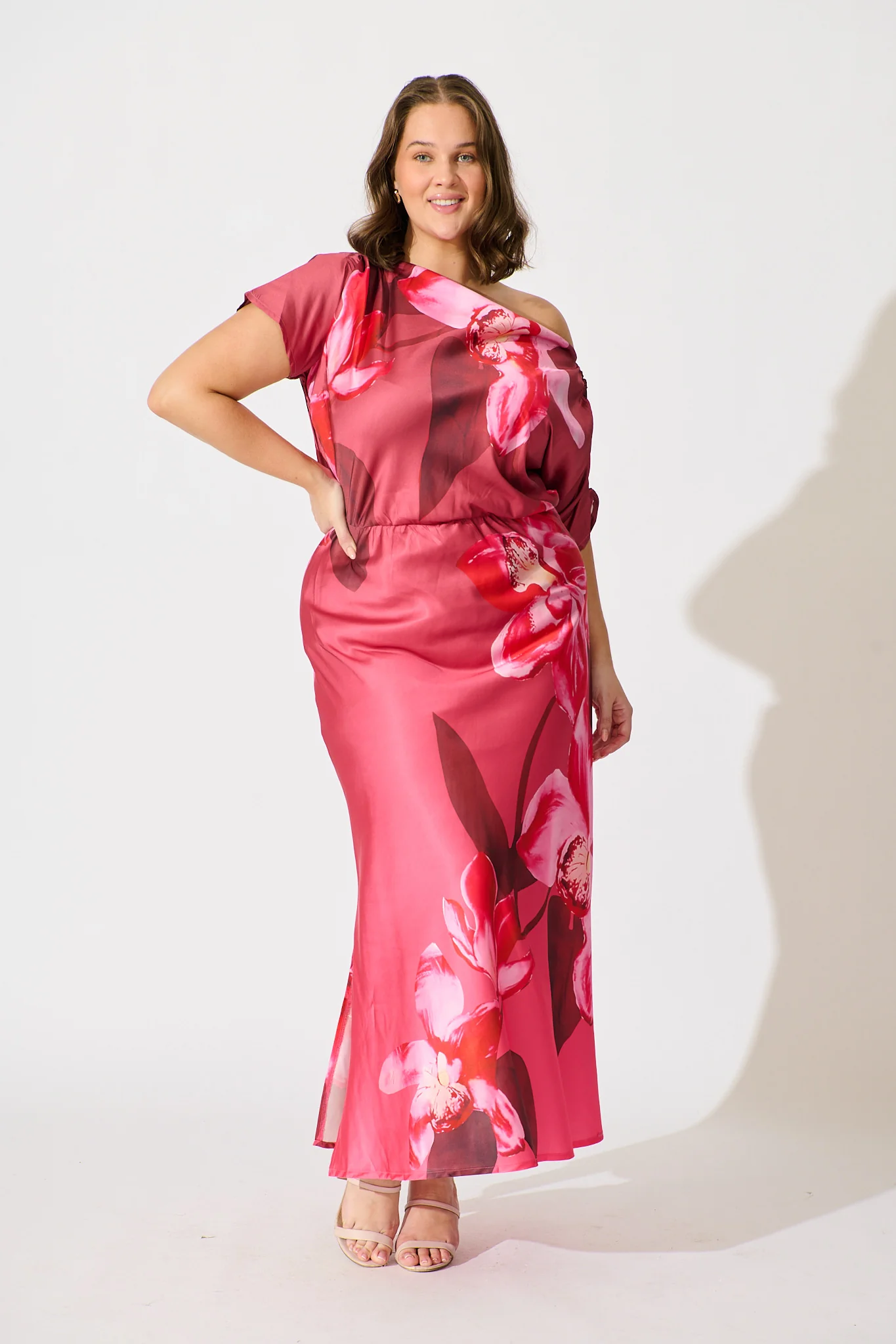 Sarita Maxi Off Shoulder Dress in Multi Pink Floral Satin - Image 7