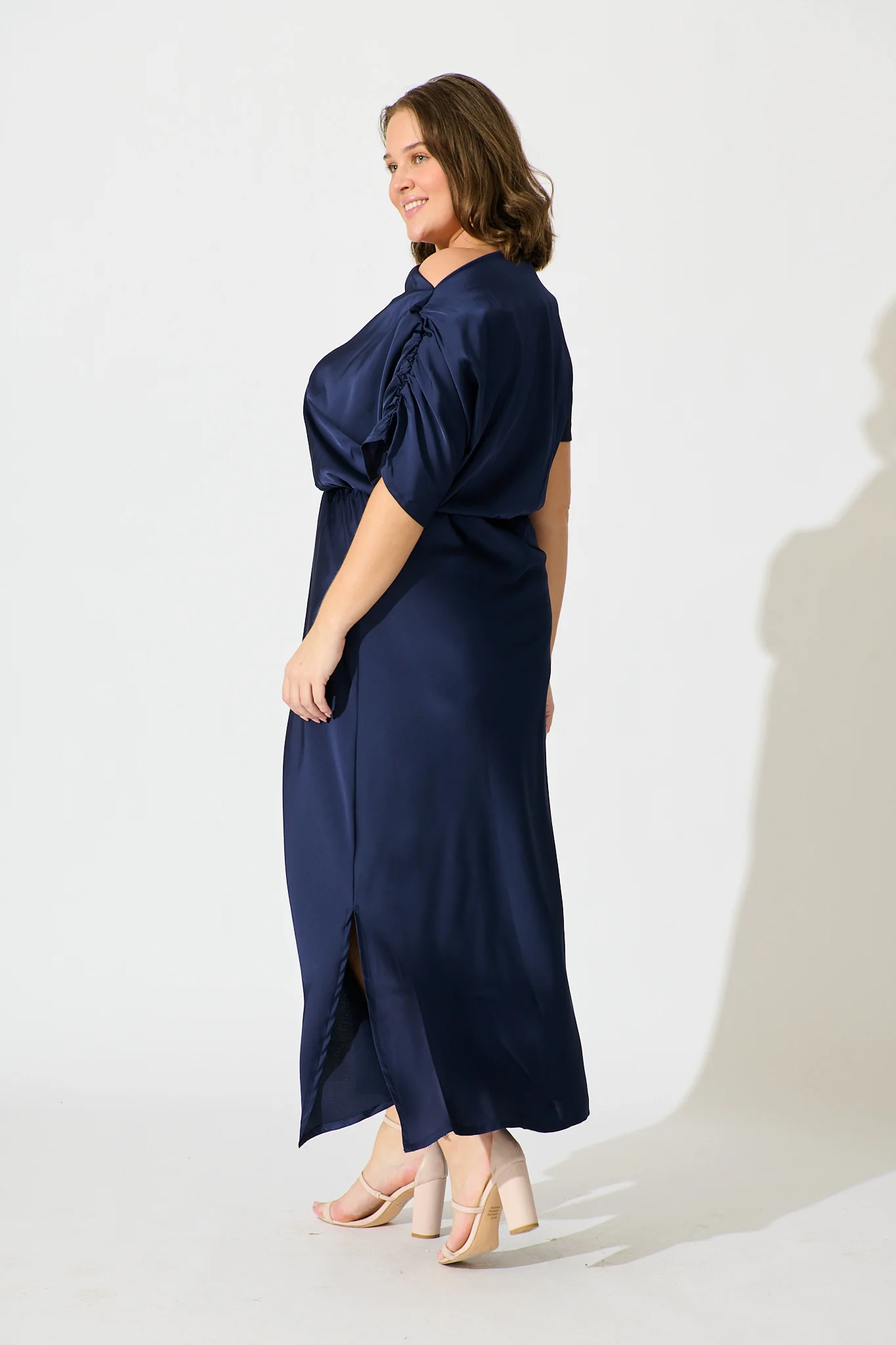 Sarita Maxi Off Shoulder Dress in Navy Satin - Image 9