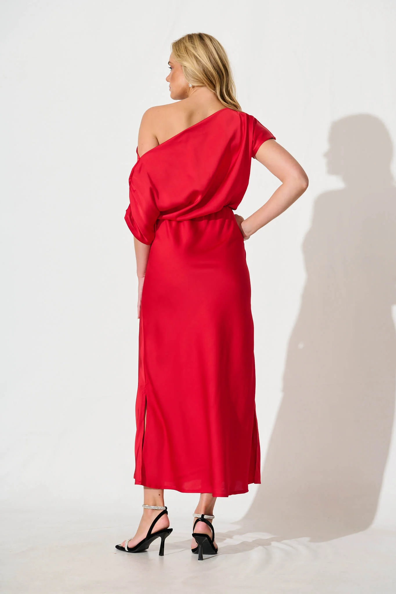 Sarita Maxi Off Shoulder Dress in Red Satin - Image 10