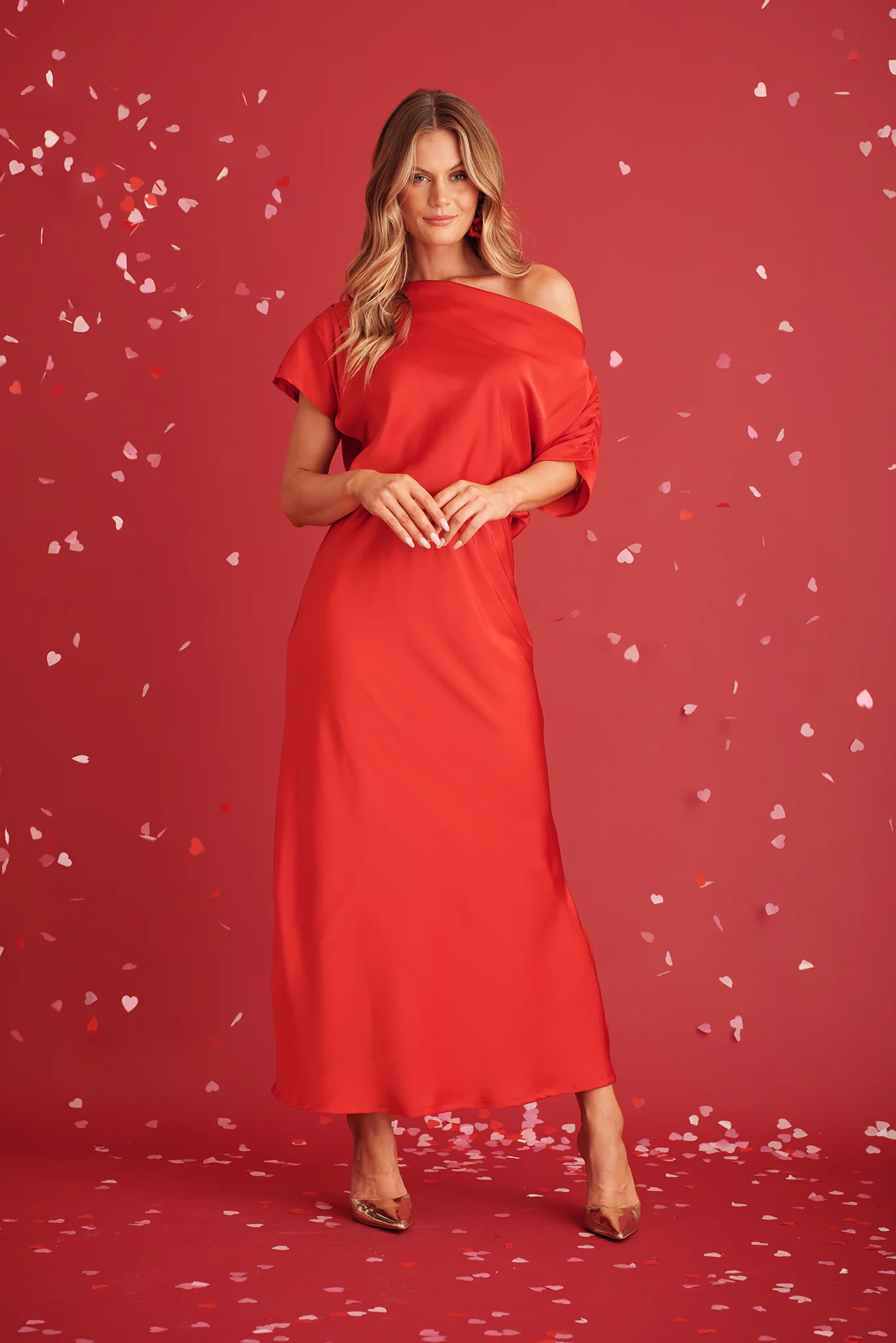 Sarita Maxi Off Shoulder Dress in Red Satin - Image 7