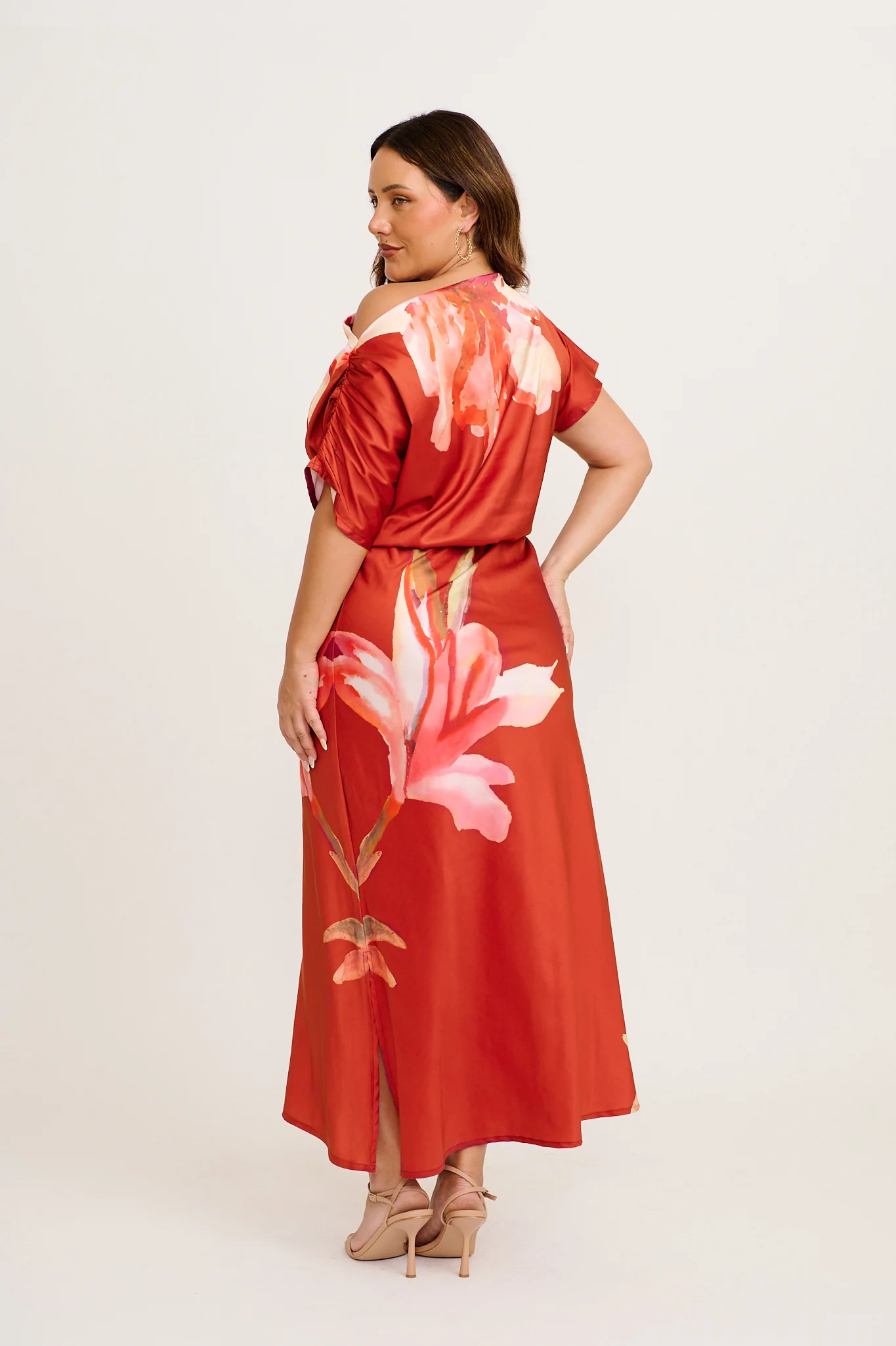 Sarita Maxi Off Shoulder Dress in Wine Floral Satin - Image 13