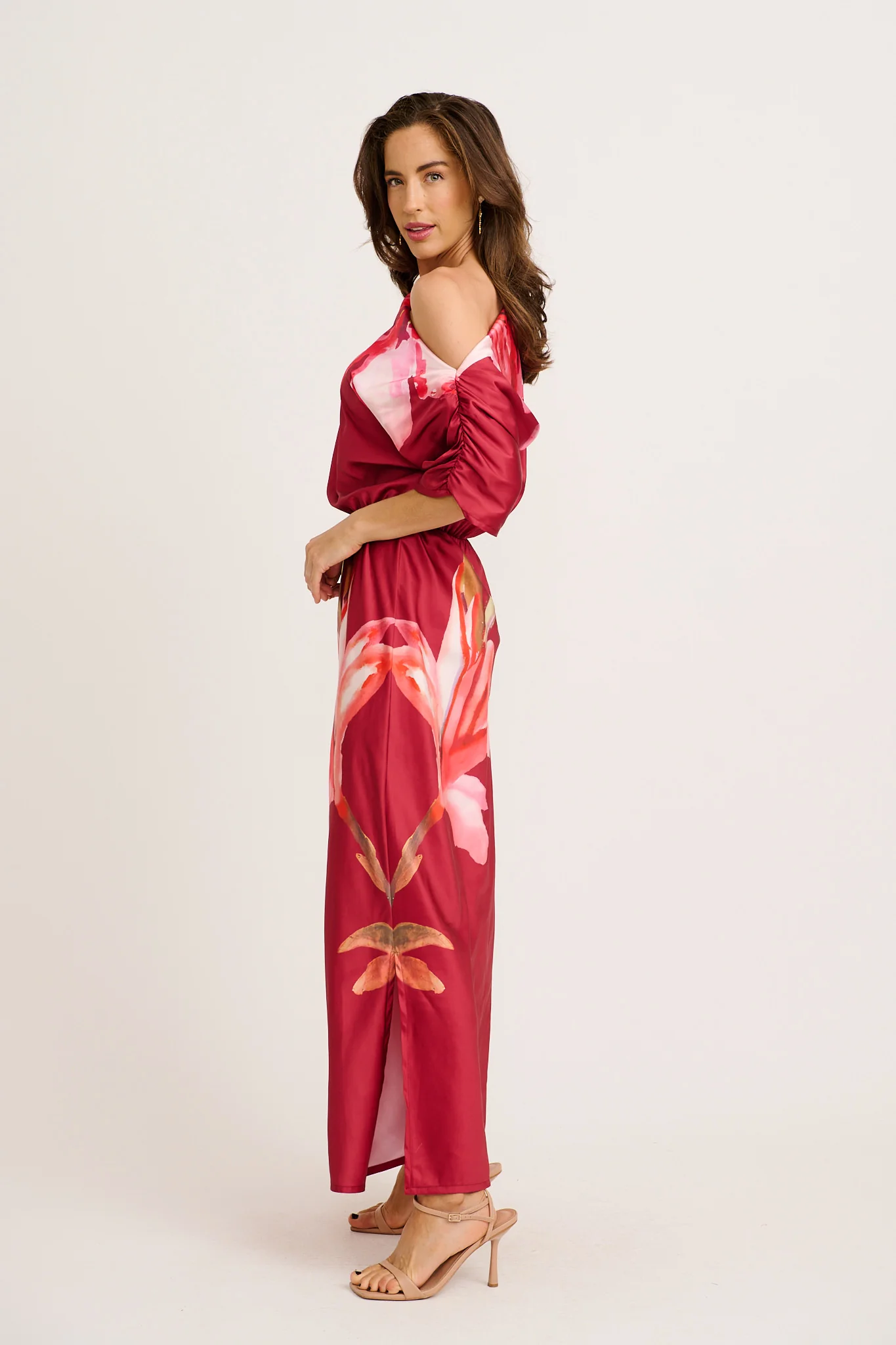 Sarita Maxi Off Shoulder Dress in Wine Floral Satin - Image 8