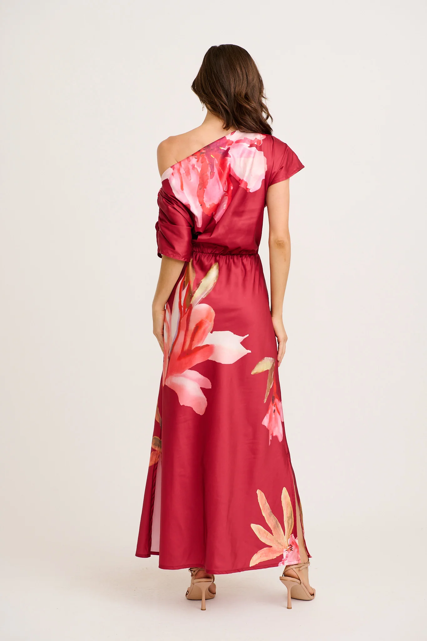 Sarita Maxi Off Shoulder Dress in Wine Floral Satin - Image 9
