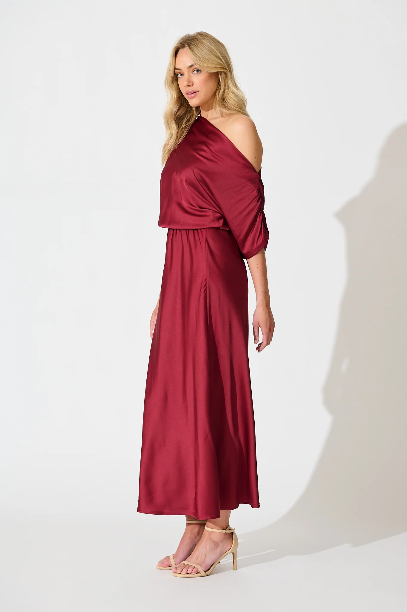 Sarita Maxi Off Shoulder Dress in Wine Satin - Image 5